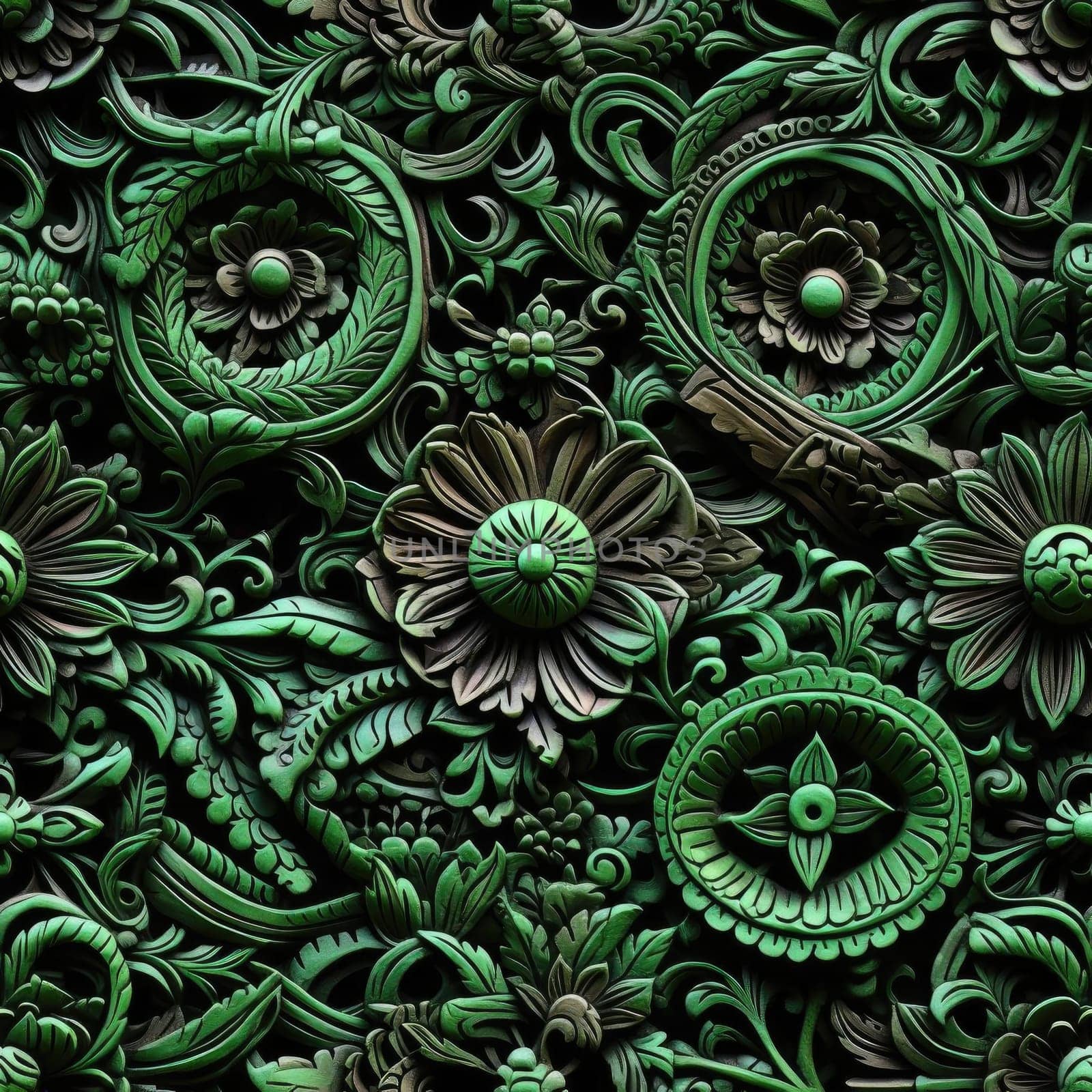 Green decorative wallpaper with various flowers and details resembling sculptural reliefs (tiled)