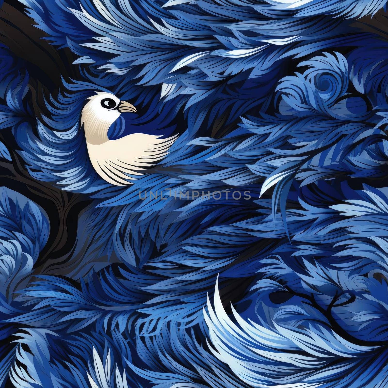 Abstract illustration of a blue bird perched amidst white feathers (tiled)