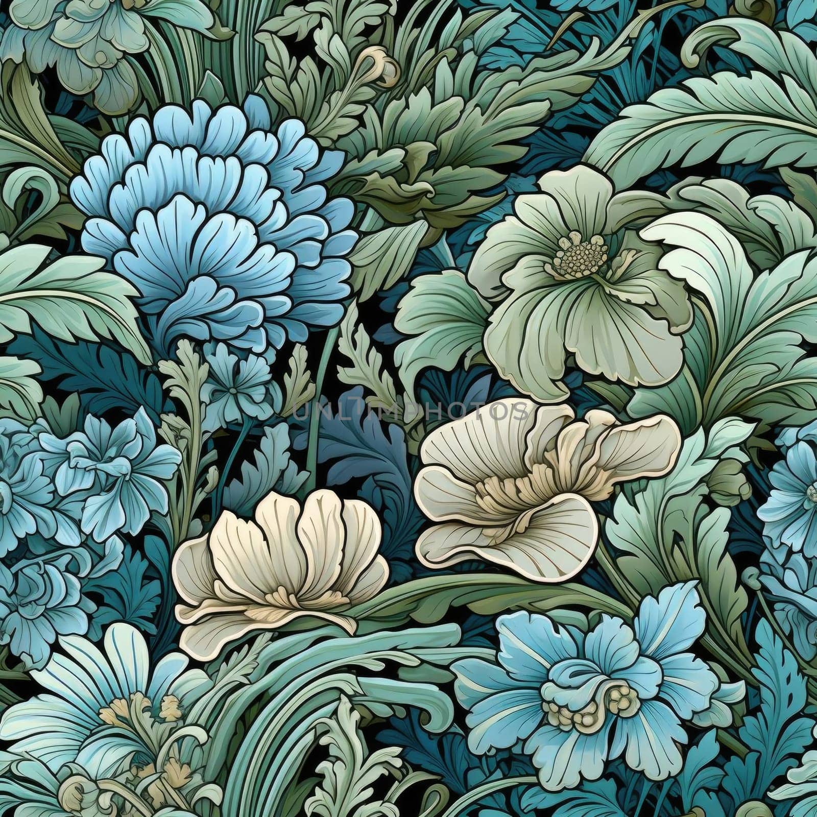 Vintage floral pattern with blue and green flowers, reminiscent of colorful fantasy realism (tiled)