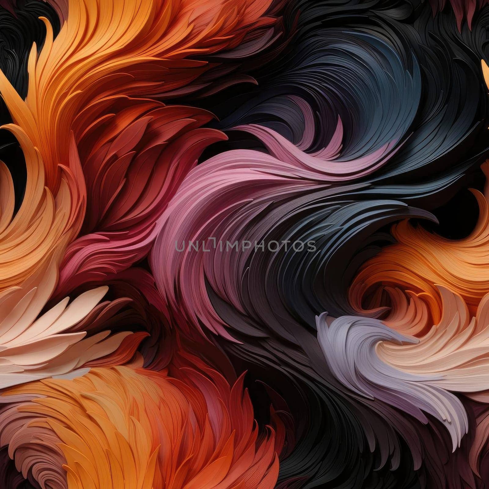Colorful feather-themed wallpaper with swirling vortexes (tiled)