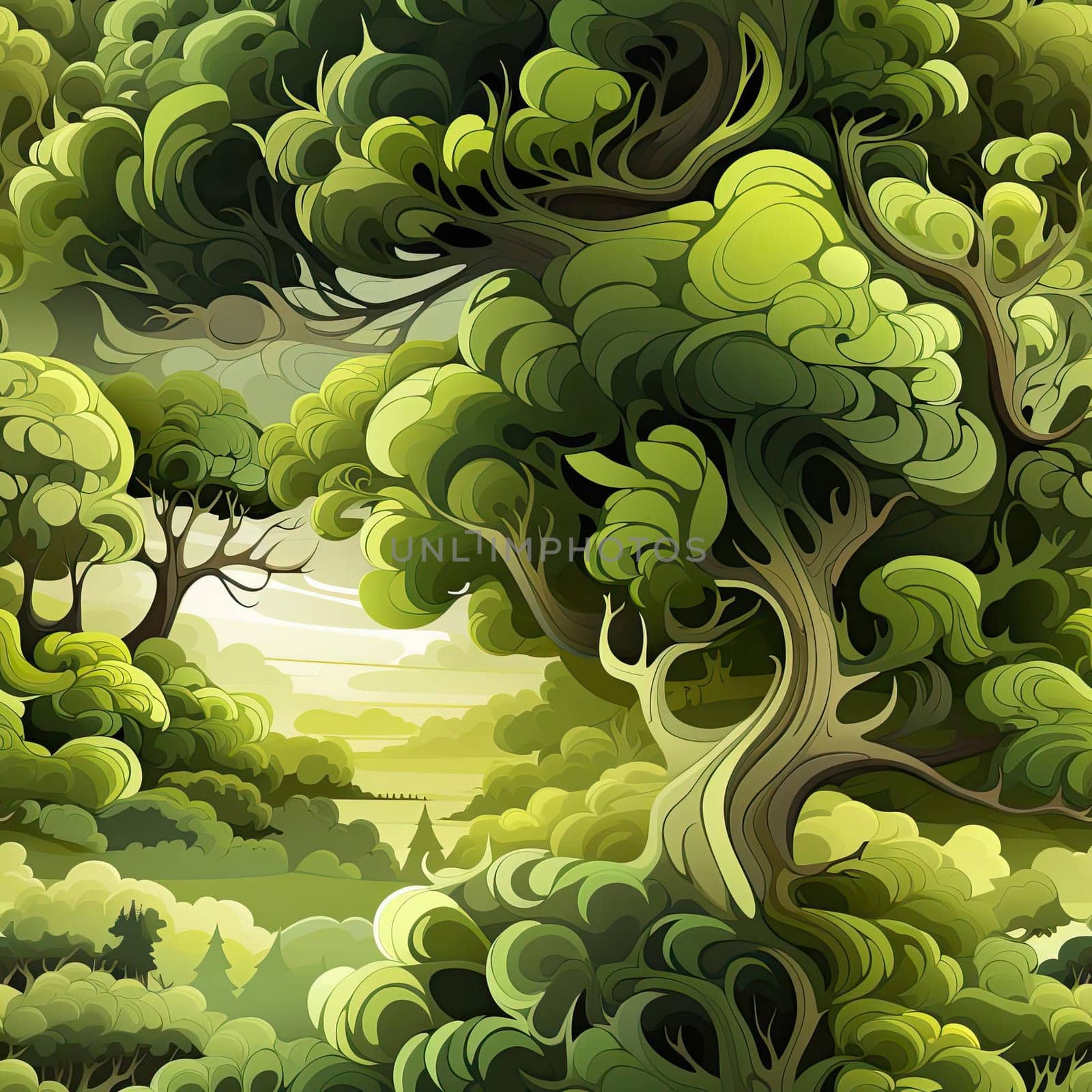 Cartoon forest with trees and leaves featuring hyper-detailed illustrations and dramatic shading