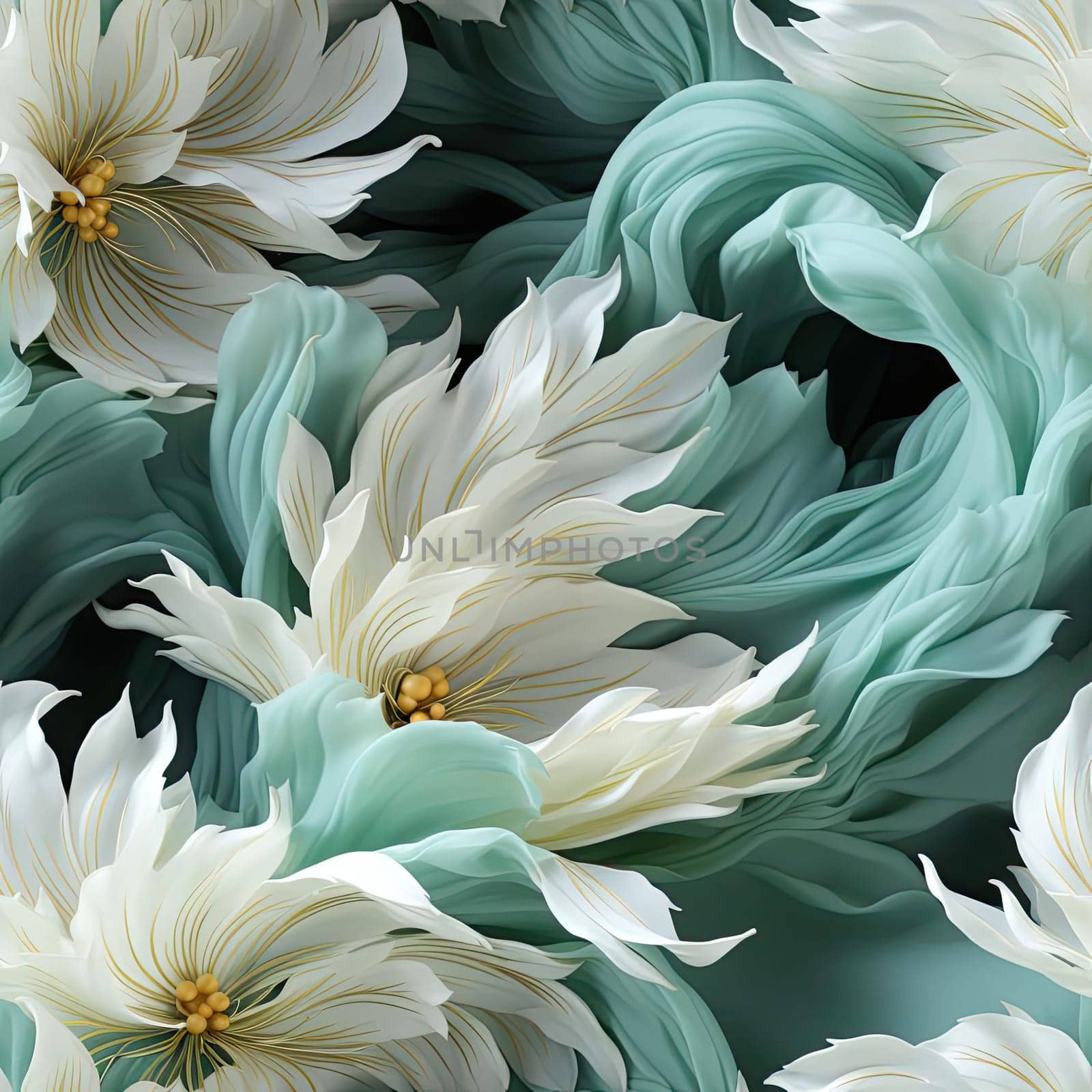 Wallpaper with white dahlia flowers in flowing surrealism style (tiled)