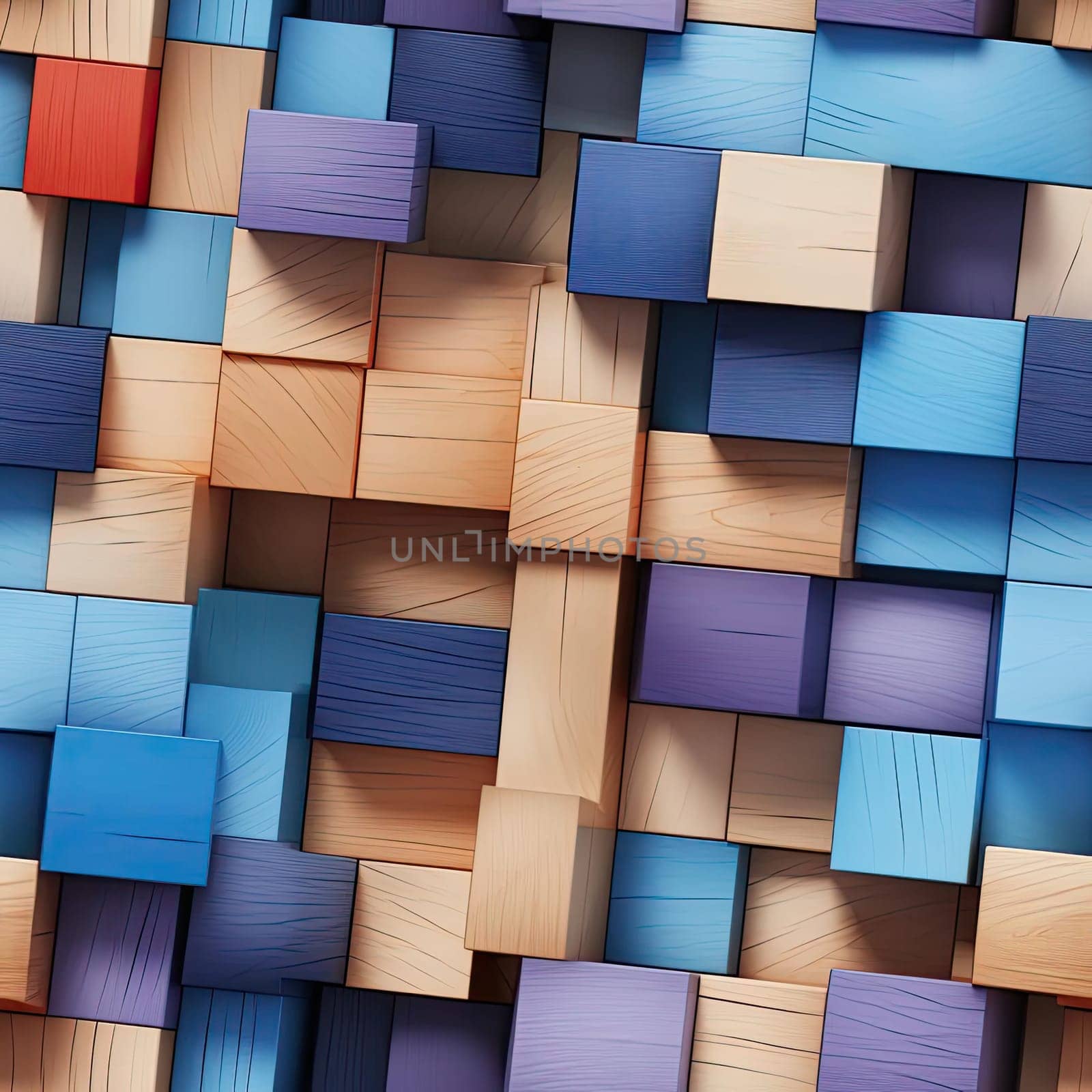 Abstract artwork with colorful wooden blocks against a blue background (tiled)