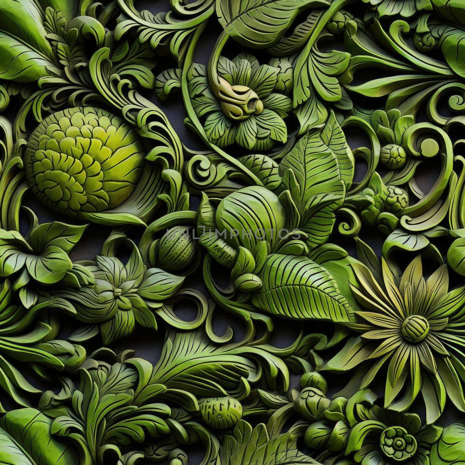 Intricate 3D image of leafy green flowers in a mysterious jungle (tiled)