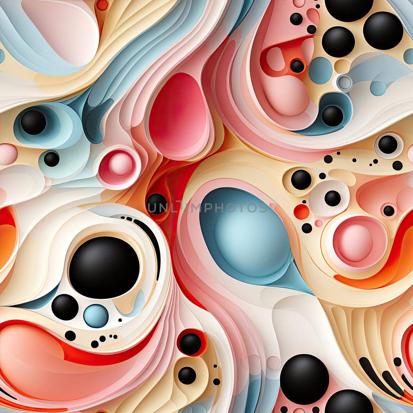 Abstract, colorful design with layered organic forms and highly detailed figures (tiled)