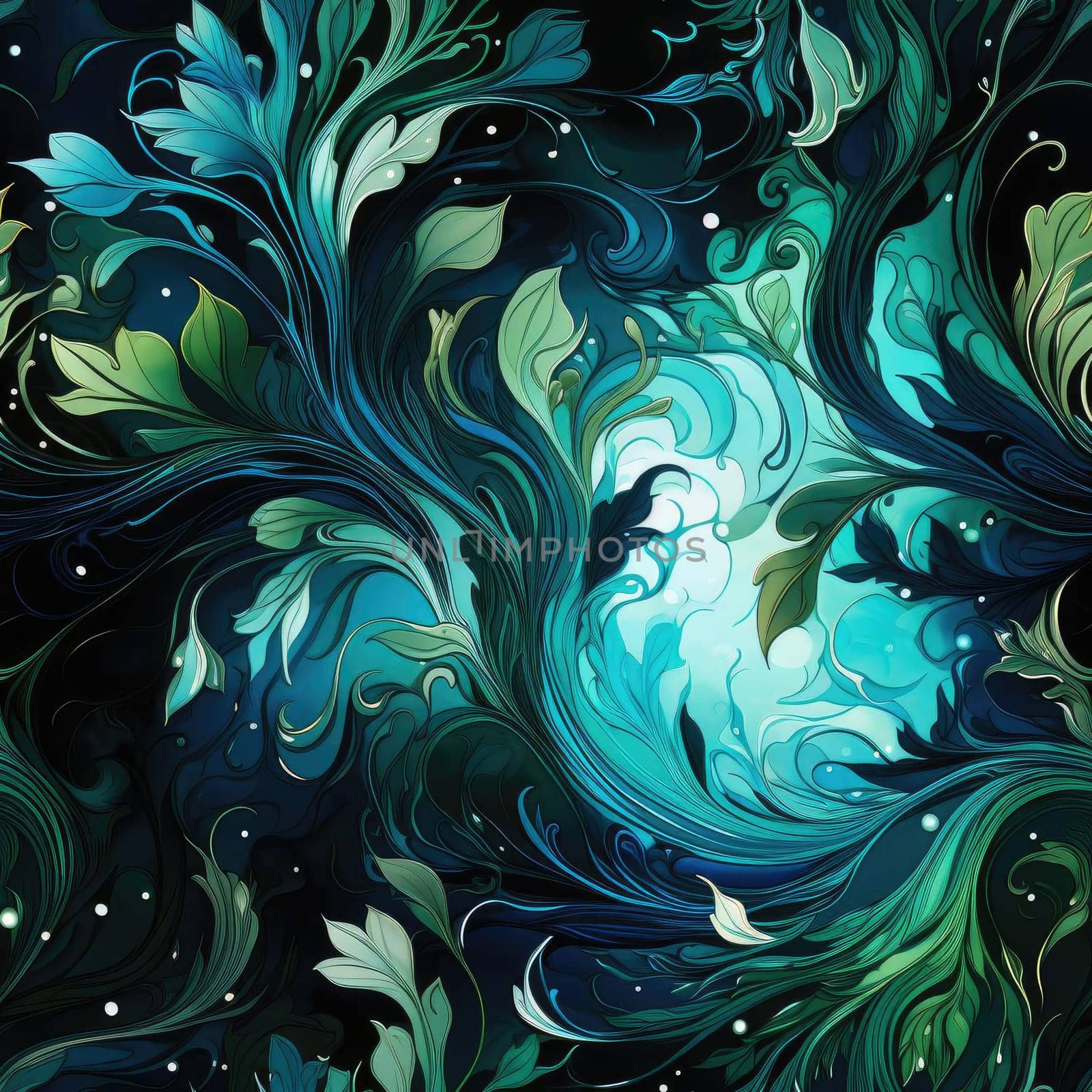 Floral abstract wallpaper on a dark blue background with swirling colors (tiled)