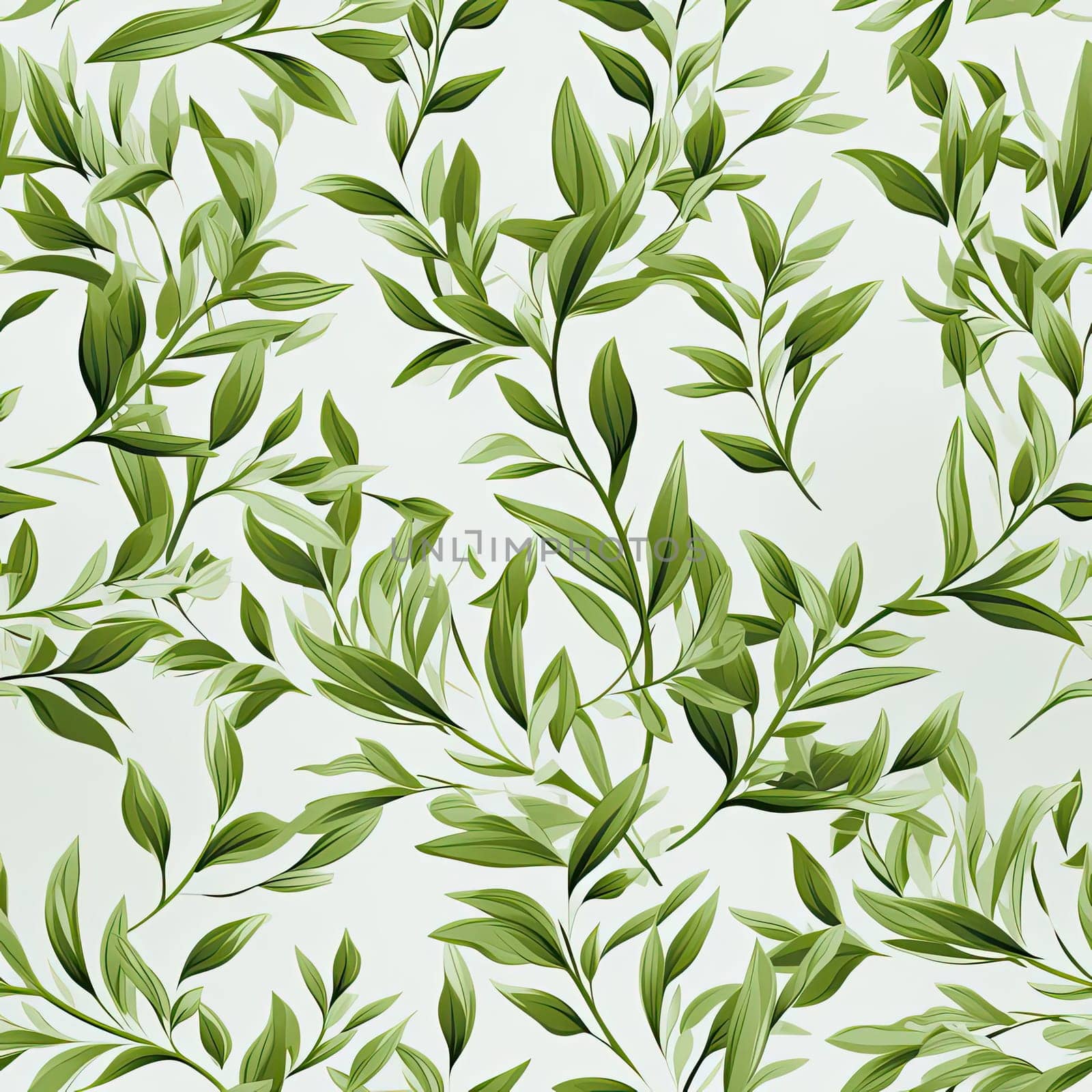 Seamless background with green leaves and leafy patterns (tiled)