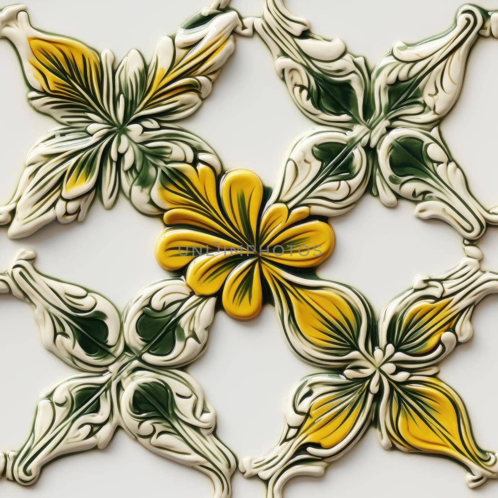 Ceramic tiles with intricate floral designs and dimensional illusion (tiled)