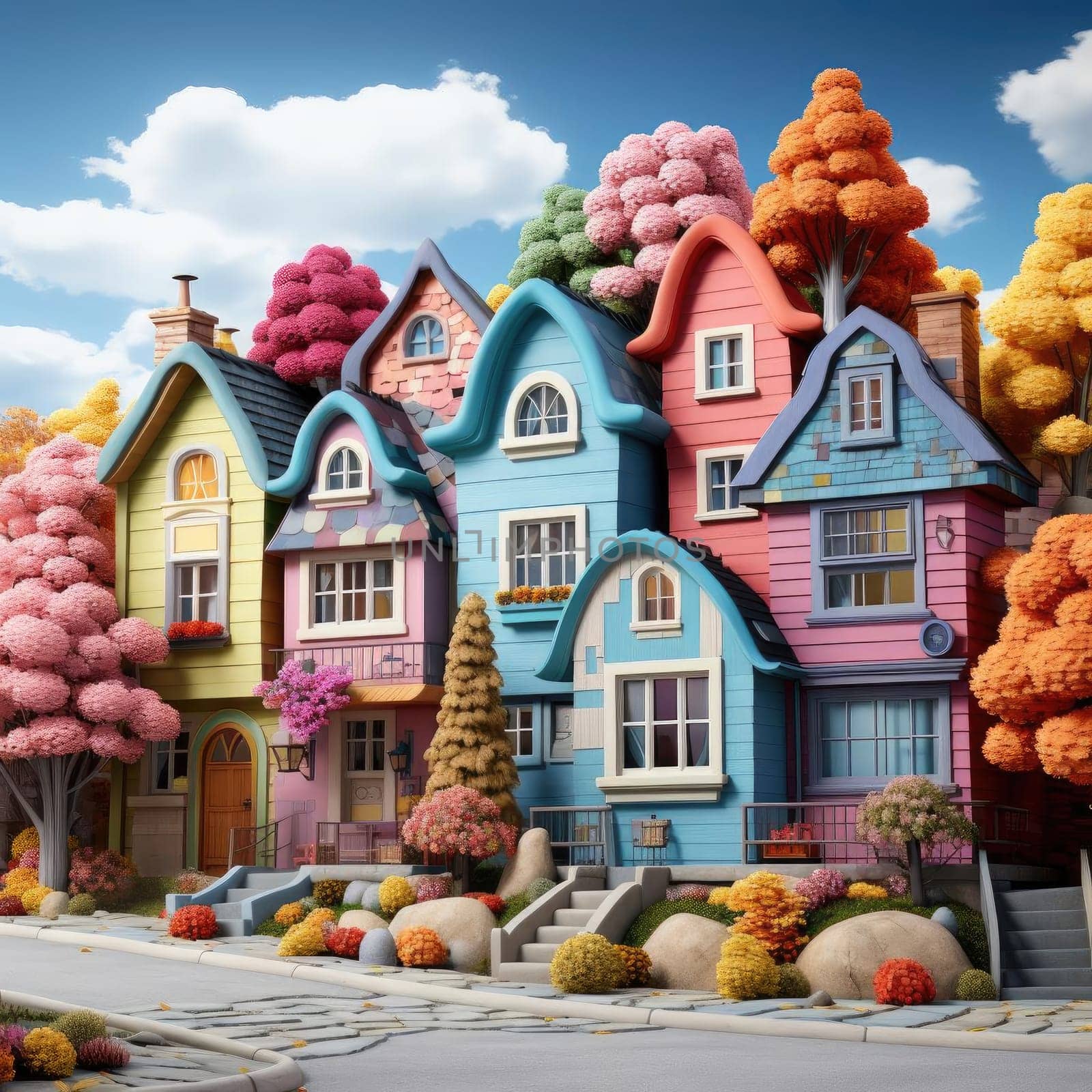 Vibrant 3D animation of surrealistic colorful houses and trees