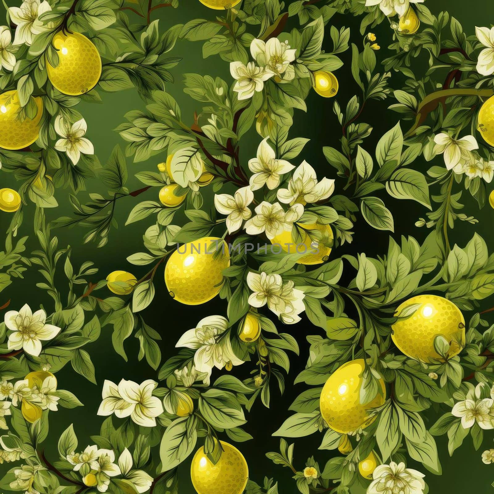 Exquisite lemon tree pattern with flowers and leaves (tiled)