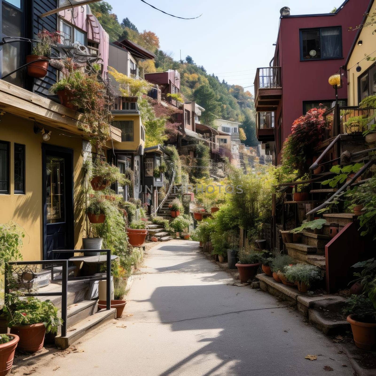 Paved walkway with row of colorful potted plants