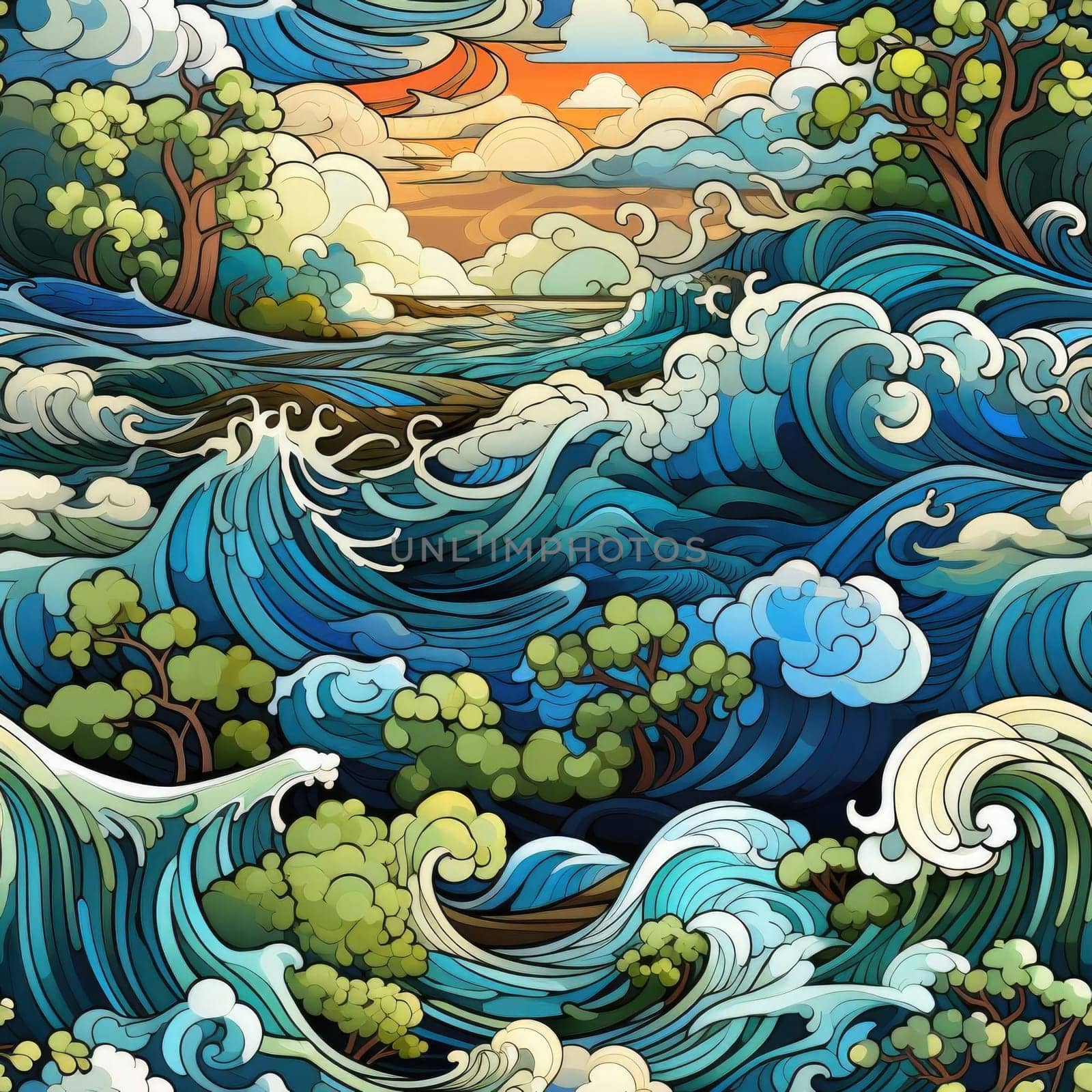 Seamless pattern of trees, ocean, and waves in vibrant colors (tiled)