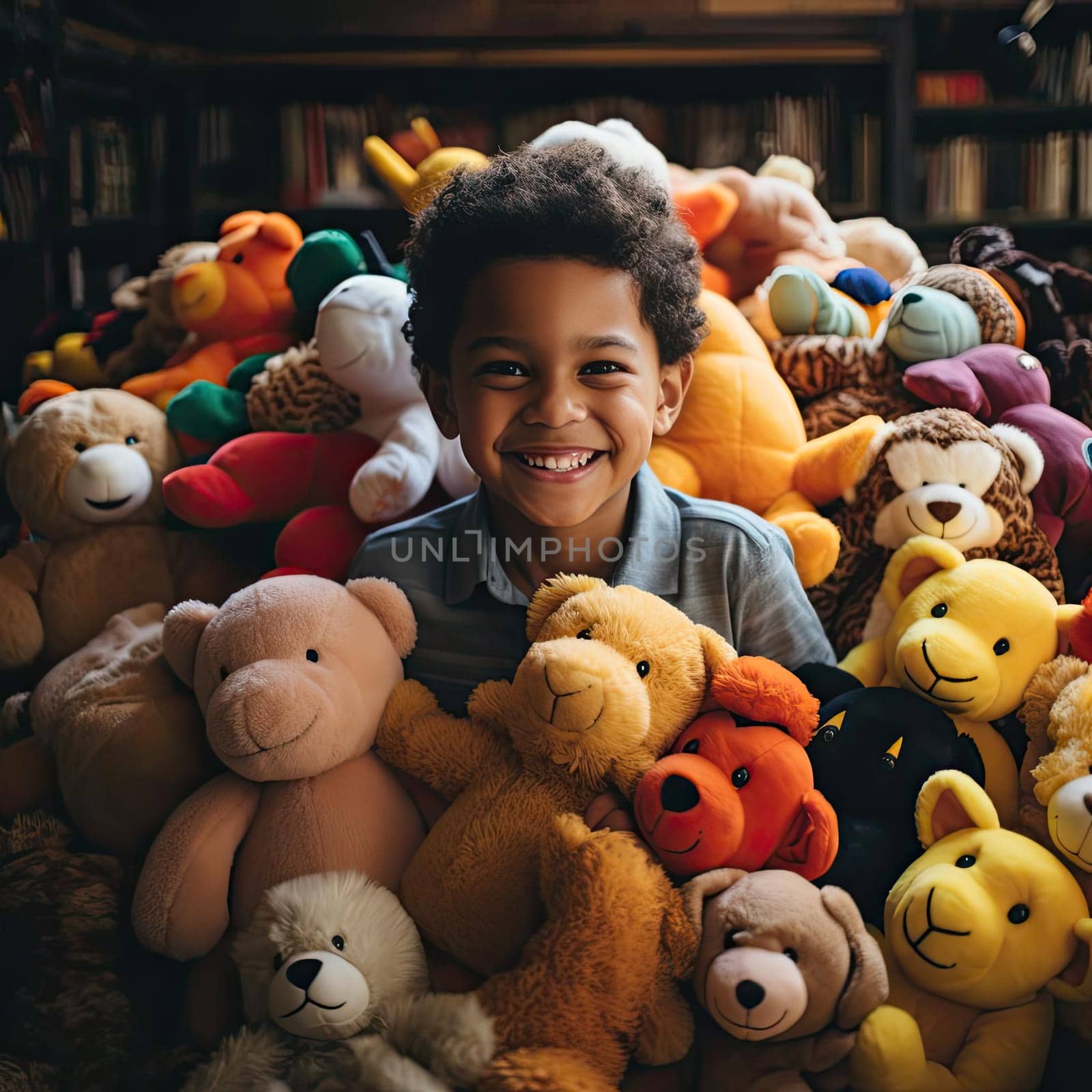 Boy playing with stuffed animals in vibrant colorism style