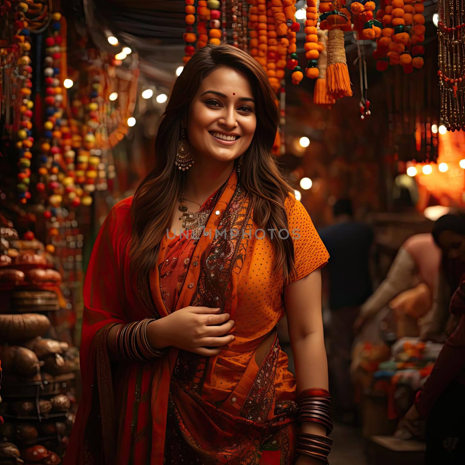 Girl in orange sari smiling in the street