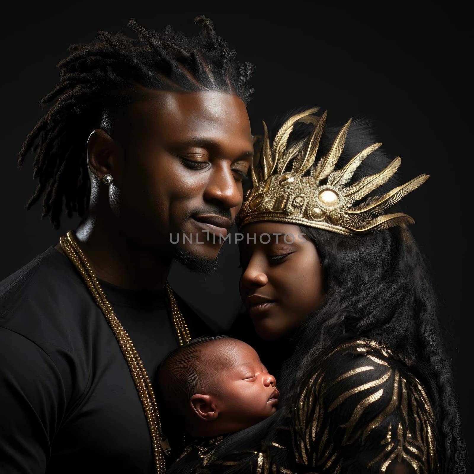 Young mother holding baby in regal attire with golden crown