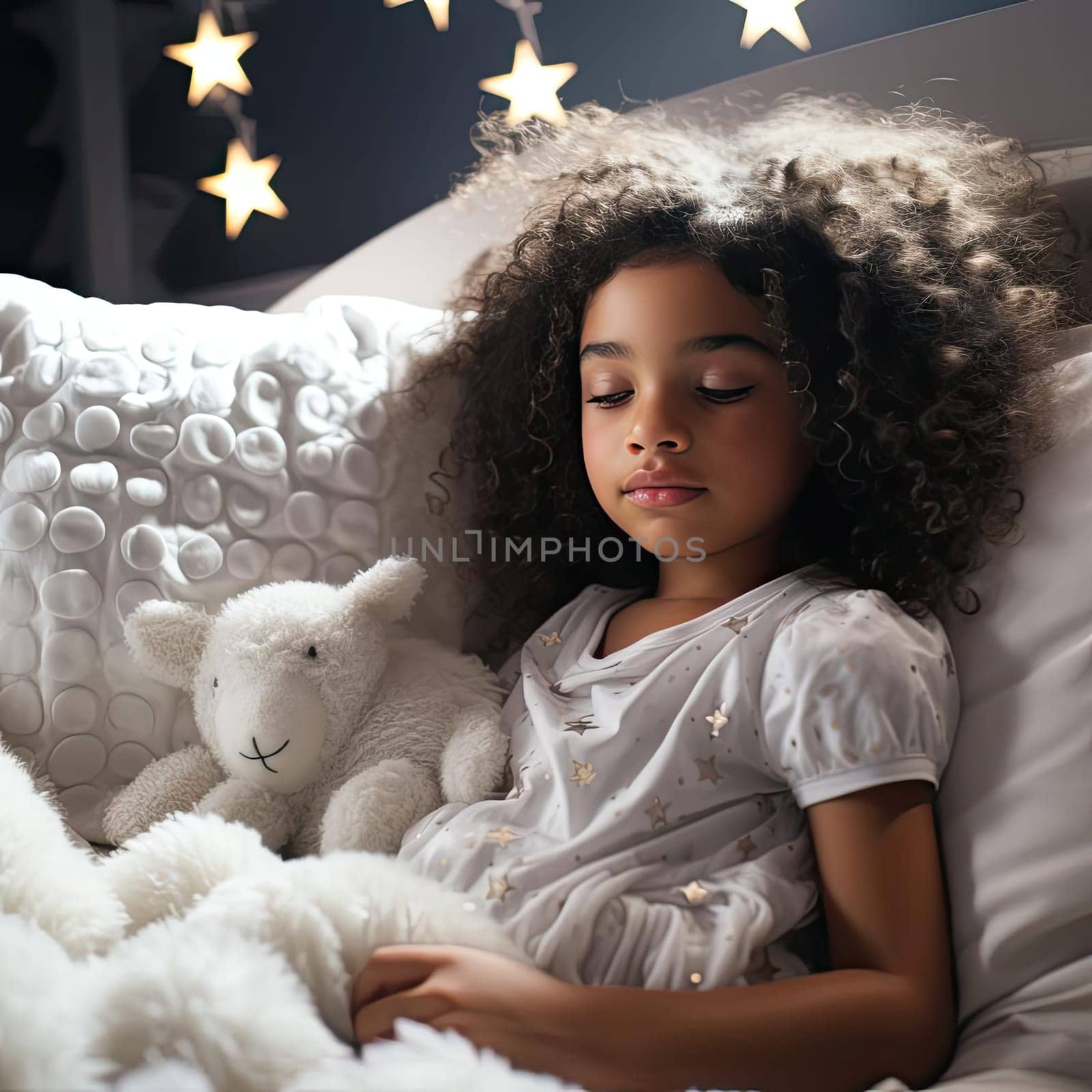 Girl sleeping in bed with enchanting lighting