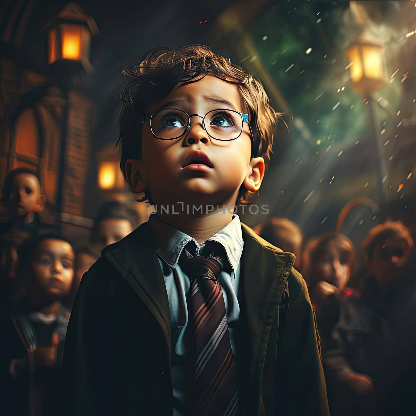 Curious child with glasses looking up with wonder, in a school building with firework lights