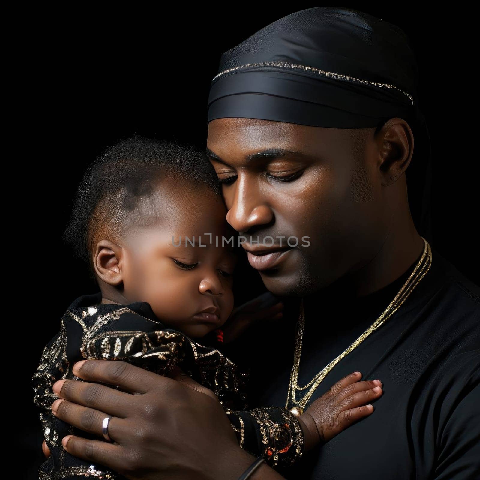 Man holding his baby against a black background