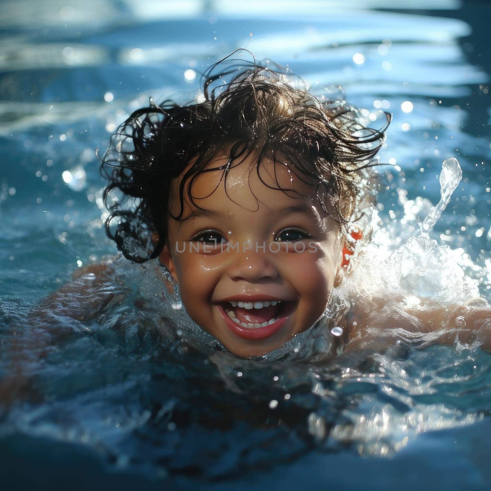 Young child in a pool, smiling and enjoying the water