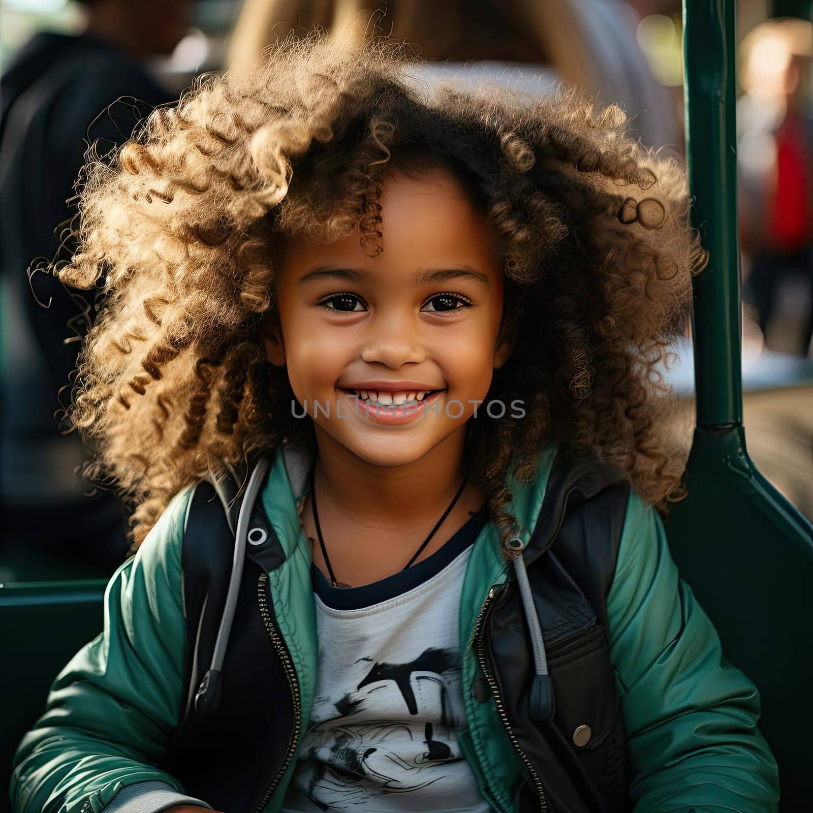 Child with smile in green and light brown attire