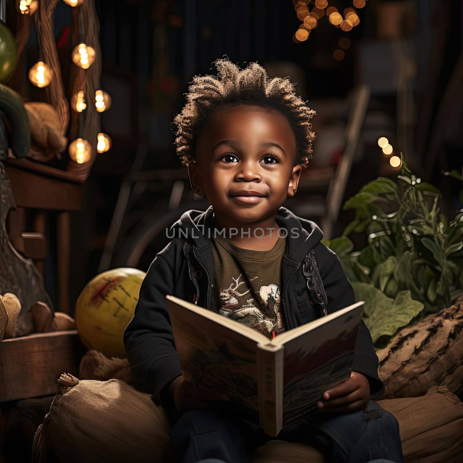 Young boy immersed in a book, surrounded by soft lighting and festive atmosphere