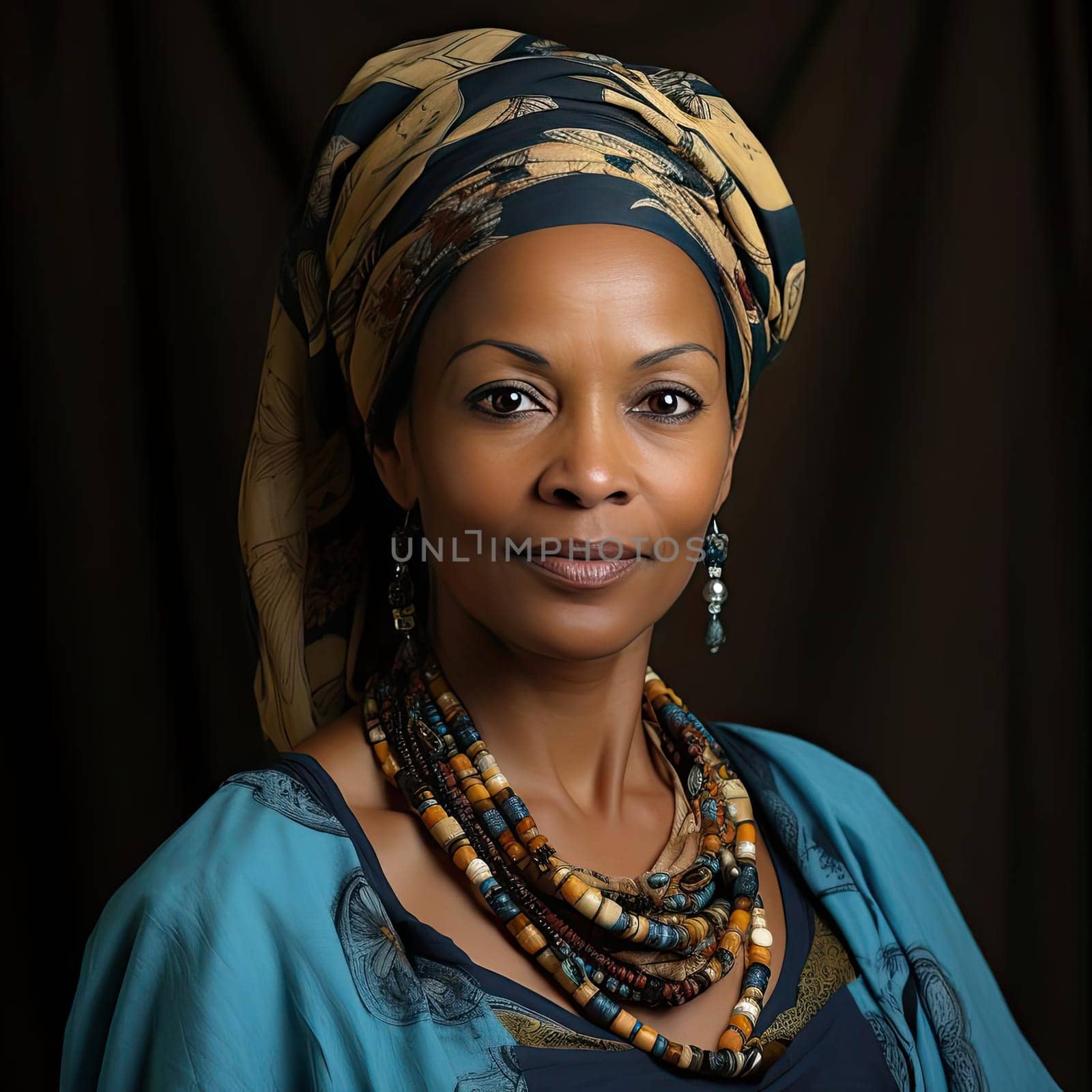 Traditional African woman with blue top and scarf
