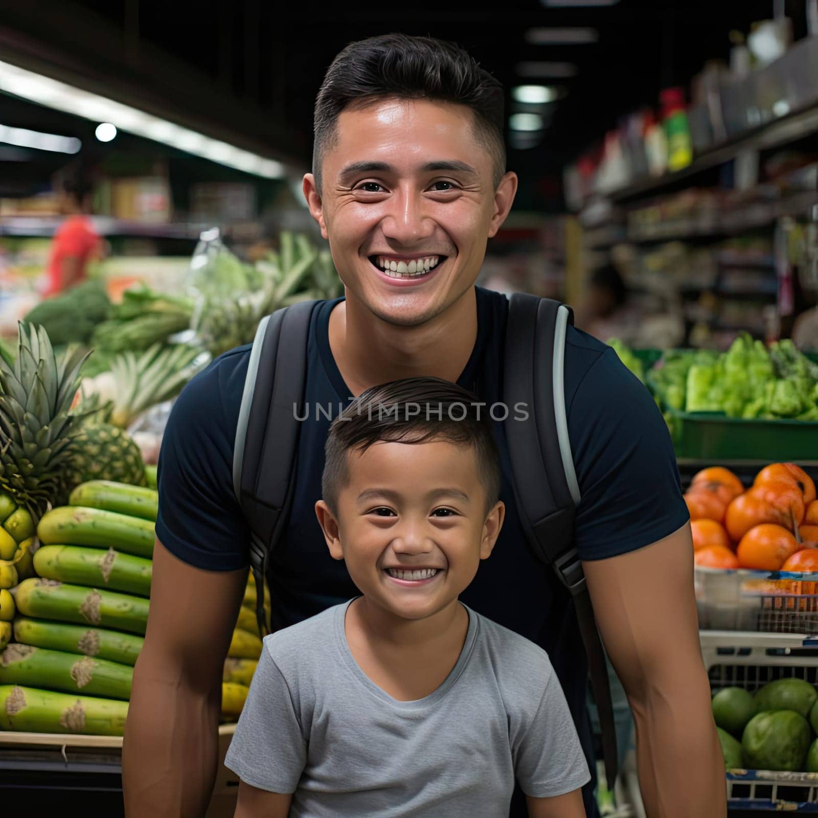 Man and boy in a vibrant fruit market
