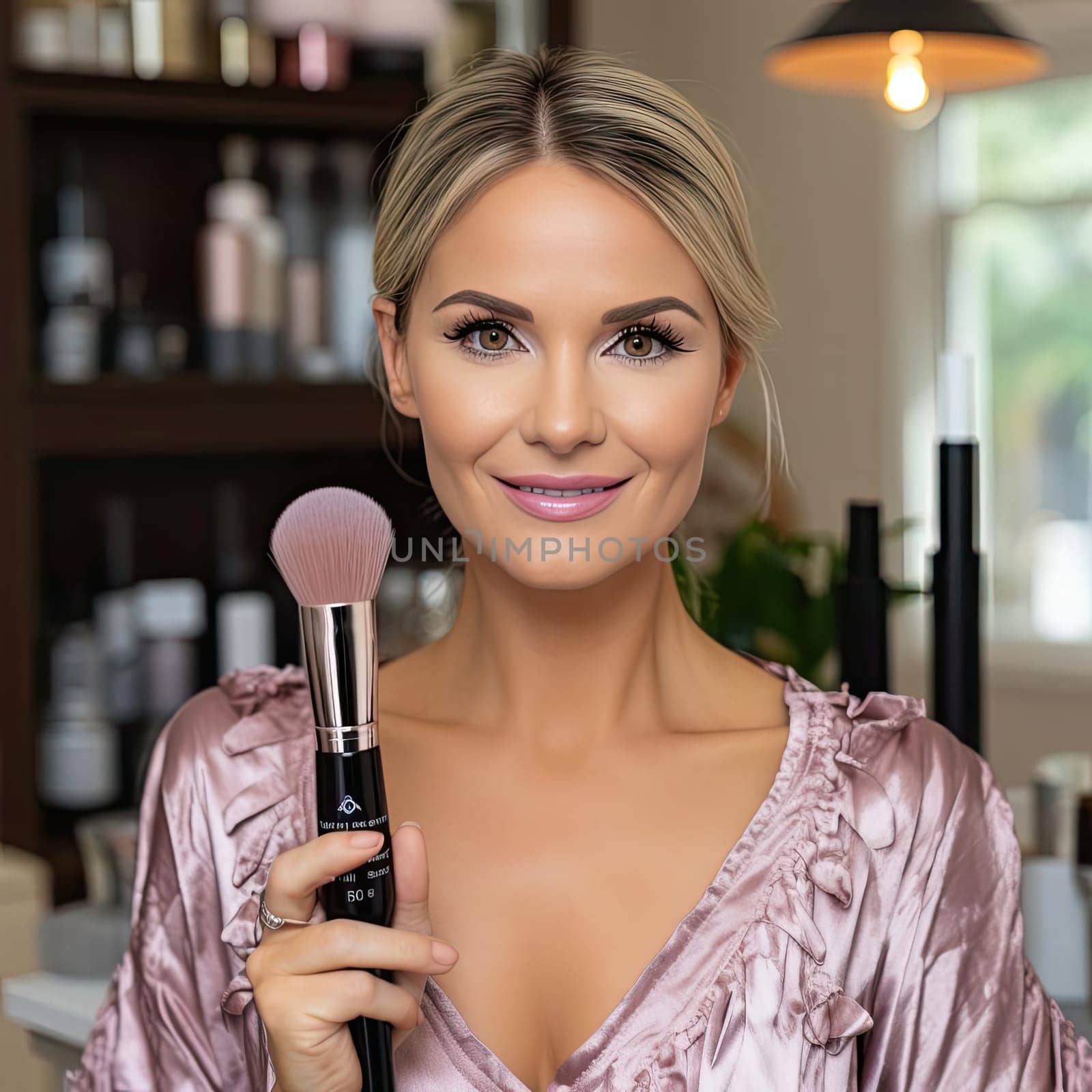 Pink makeup brush being used for a beauty routine