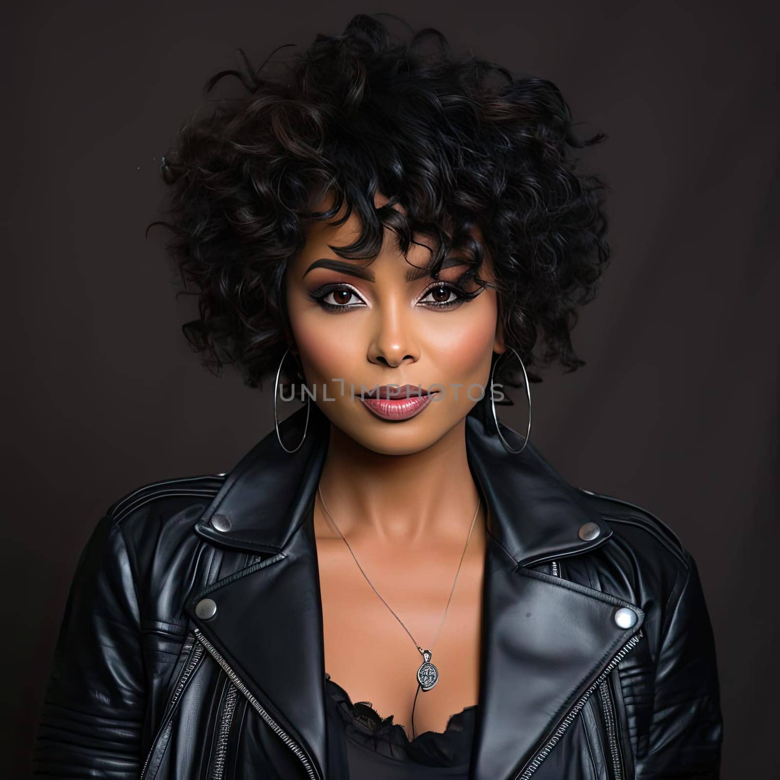 Woman with coiled curls and leather jacket