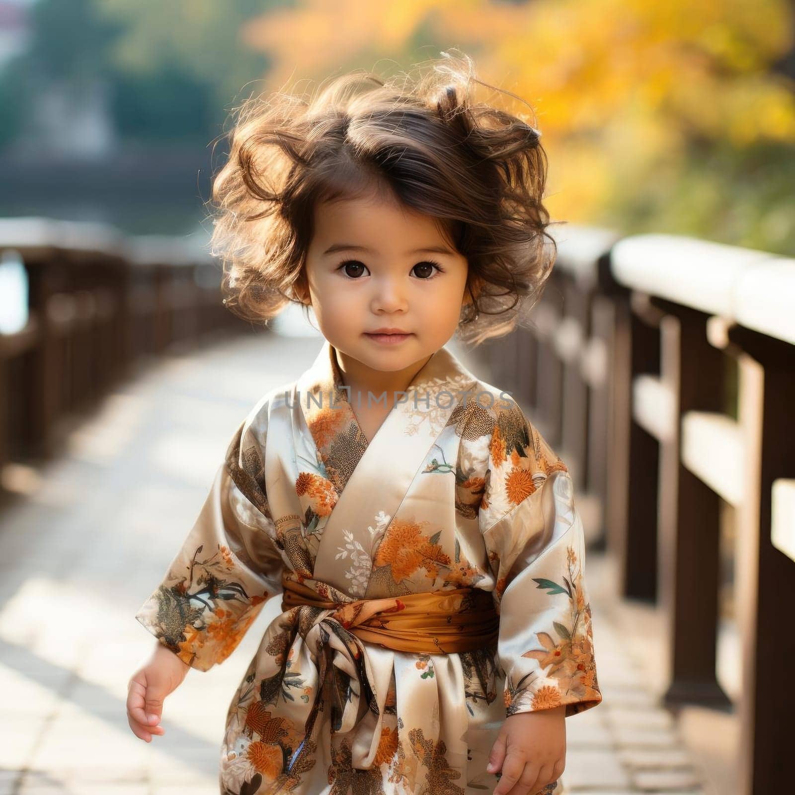 Adorable baby in japanese attire walking on a bridge during autumn