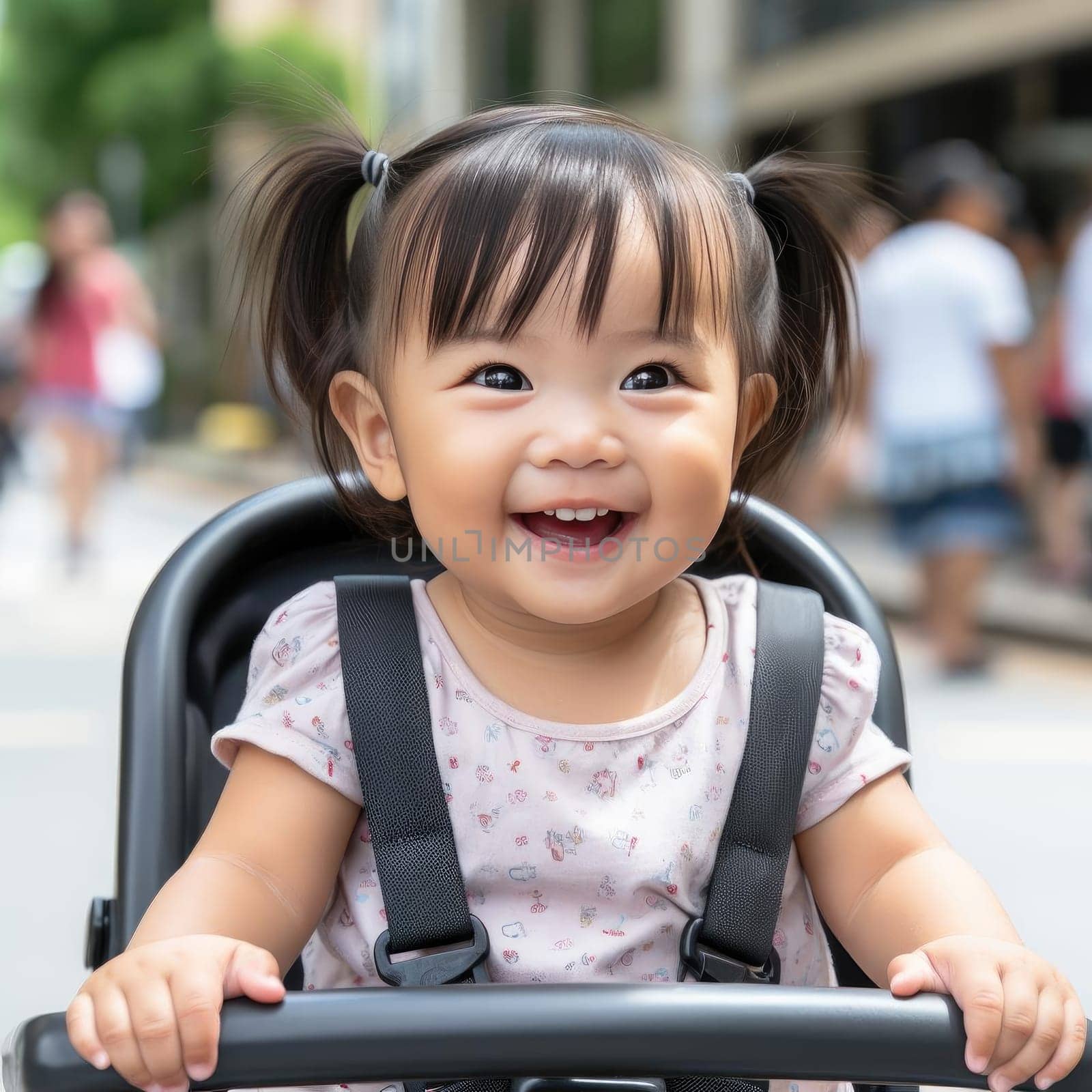 Smiling girl in a stroller in the city