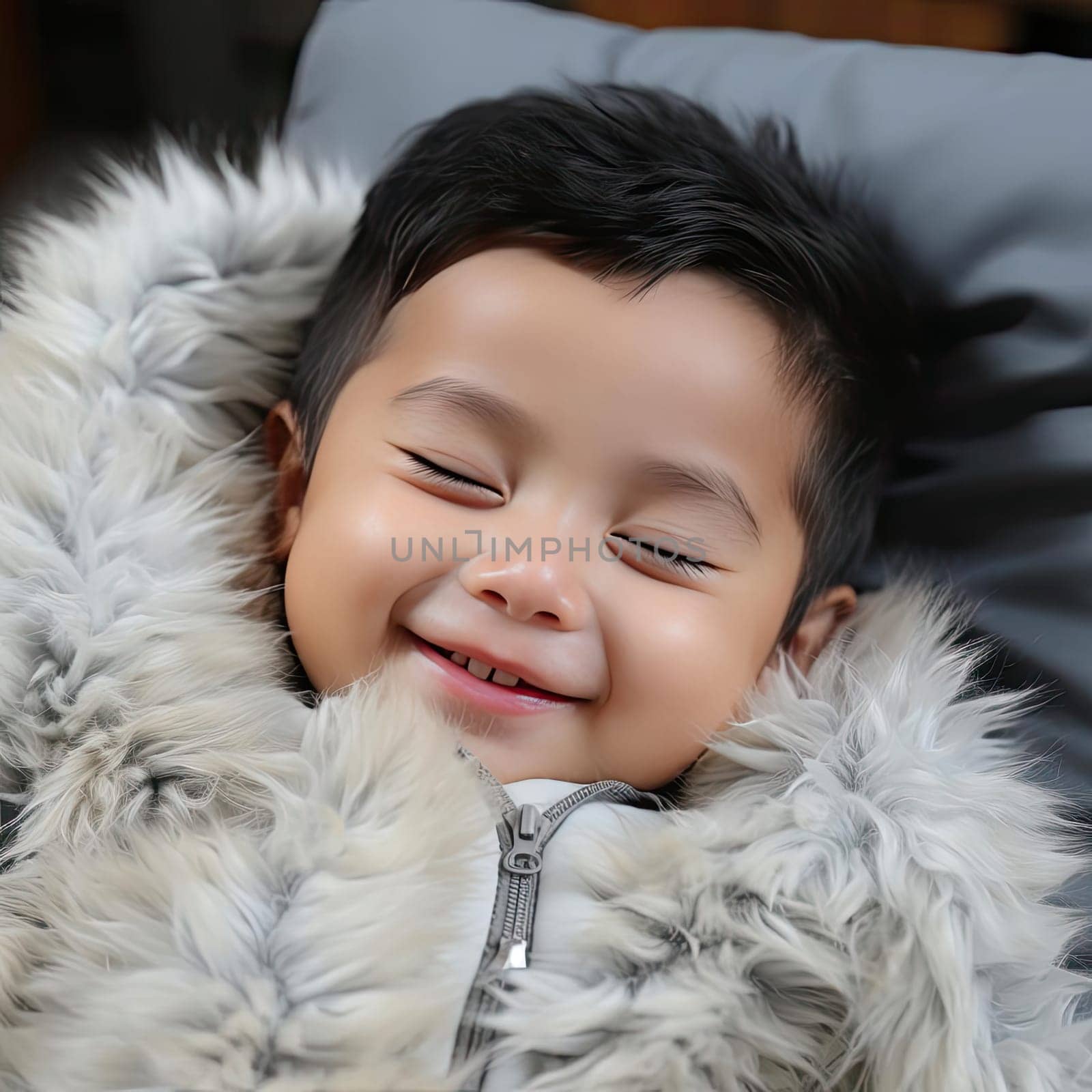 Boy sleeping on fur with cute smile, in contemporary Asian art style