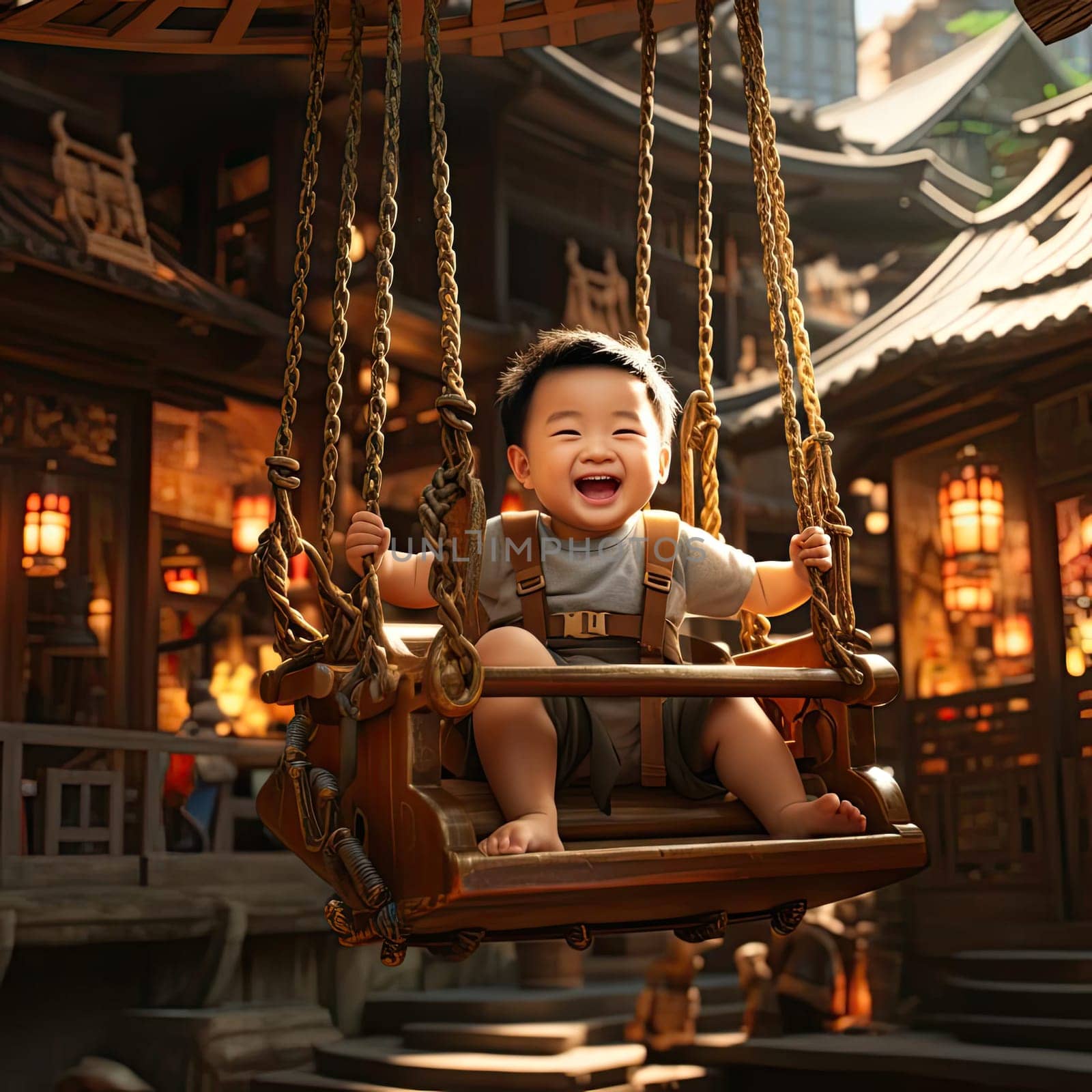 Child playing on swing in a temple