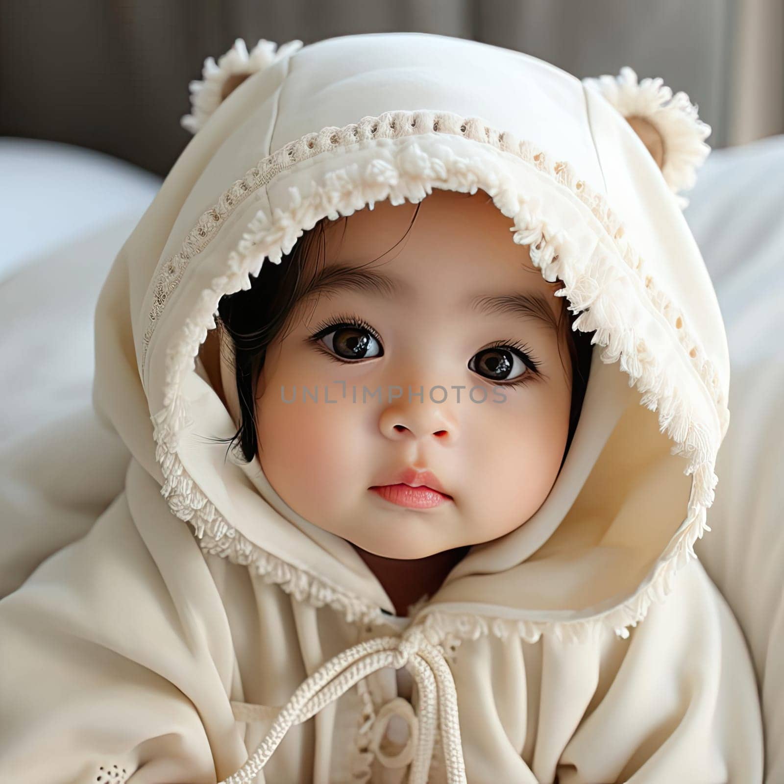 Baby girl in bear hoodie with low depth of field