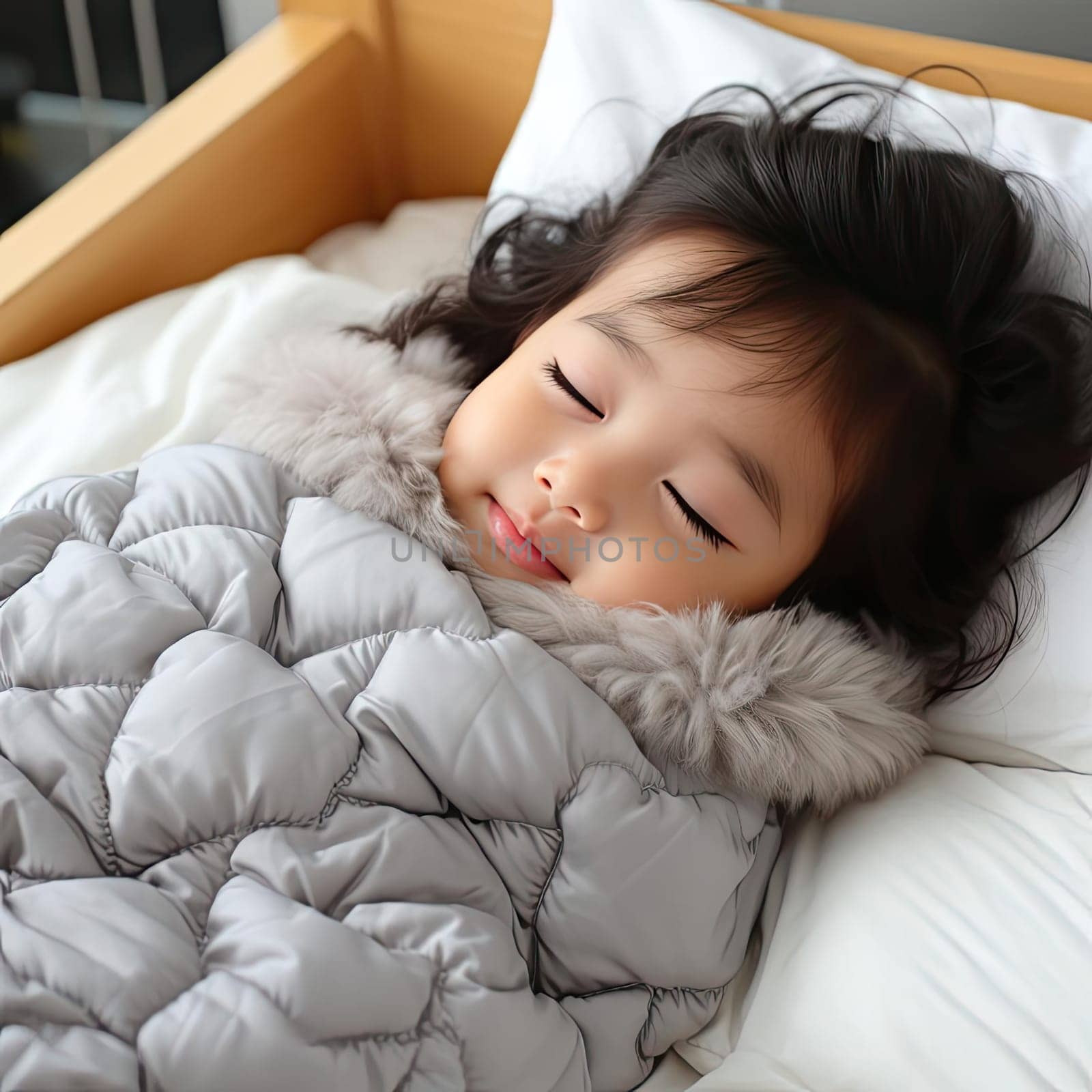 Small child in bed wearing warm jacket with varied textures
