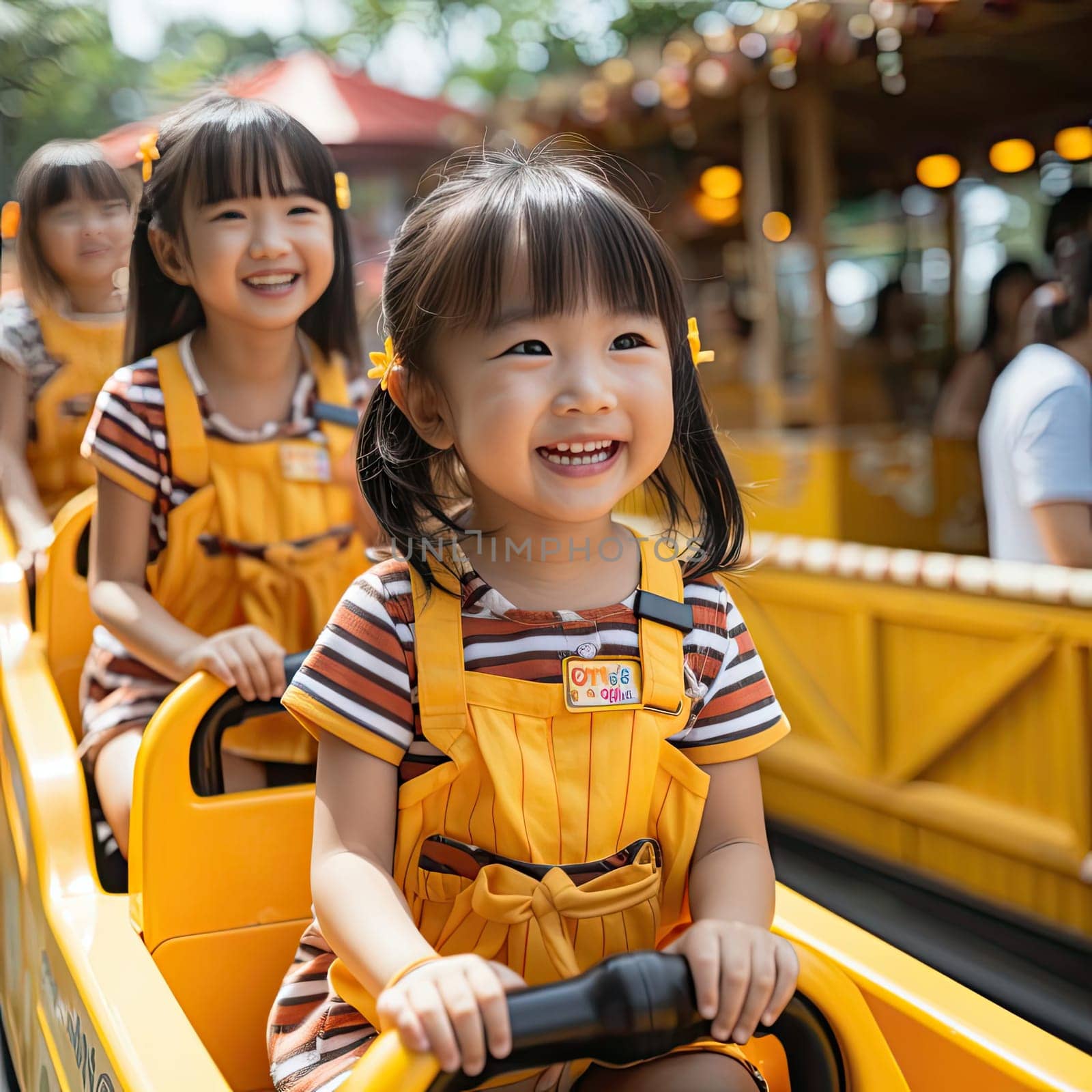 Three Asian girls riding a roller coaster, filled with joy in the amusement park