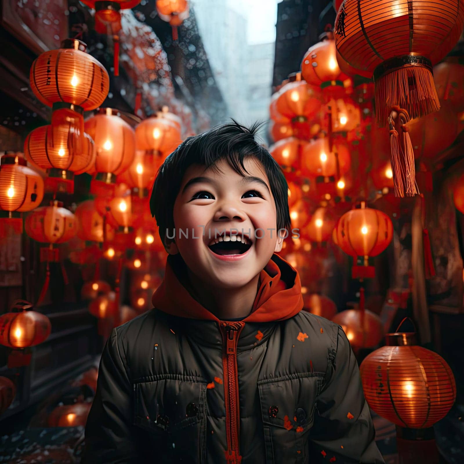 Little boy laughing in an alley full of lanterns during Chinese New Year festivities