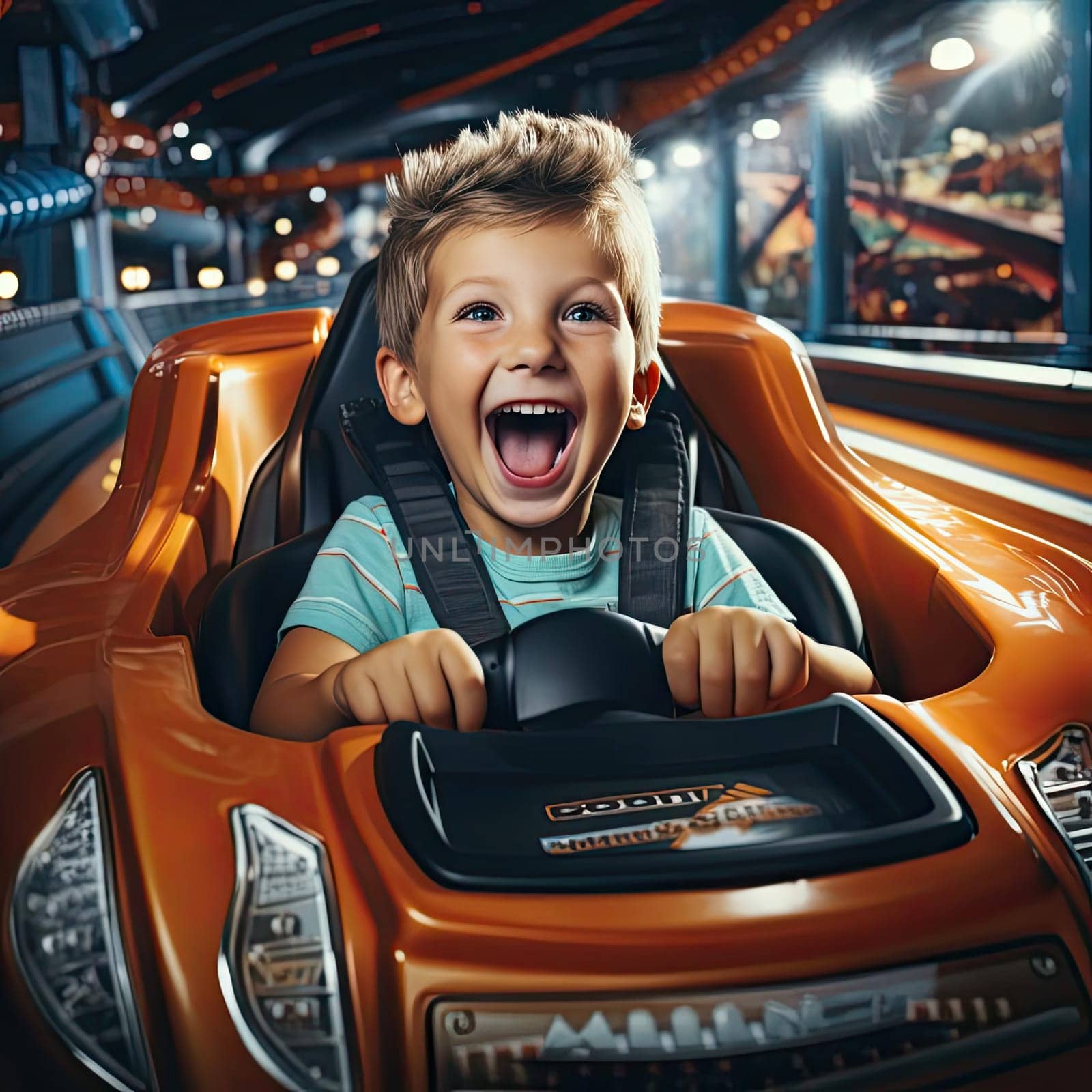 Young boy experiencing the thrill of a roller coaster ride at an amusement park