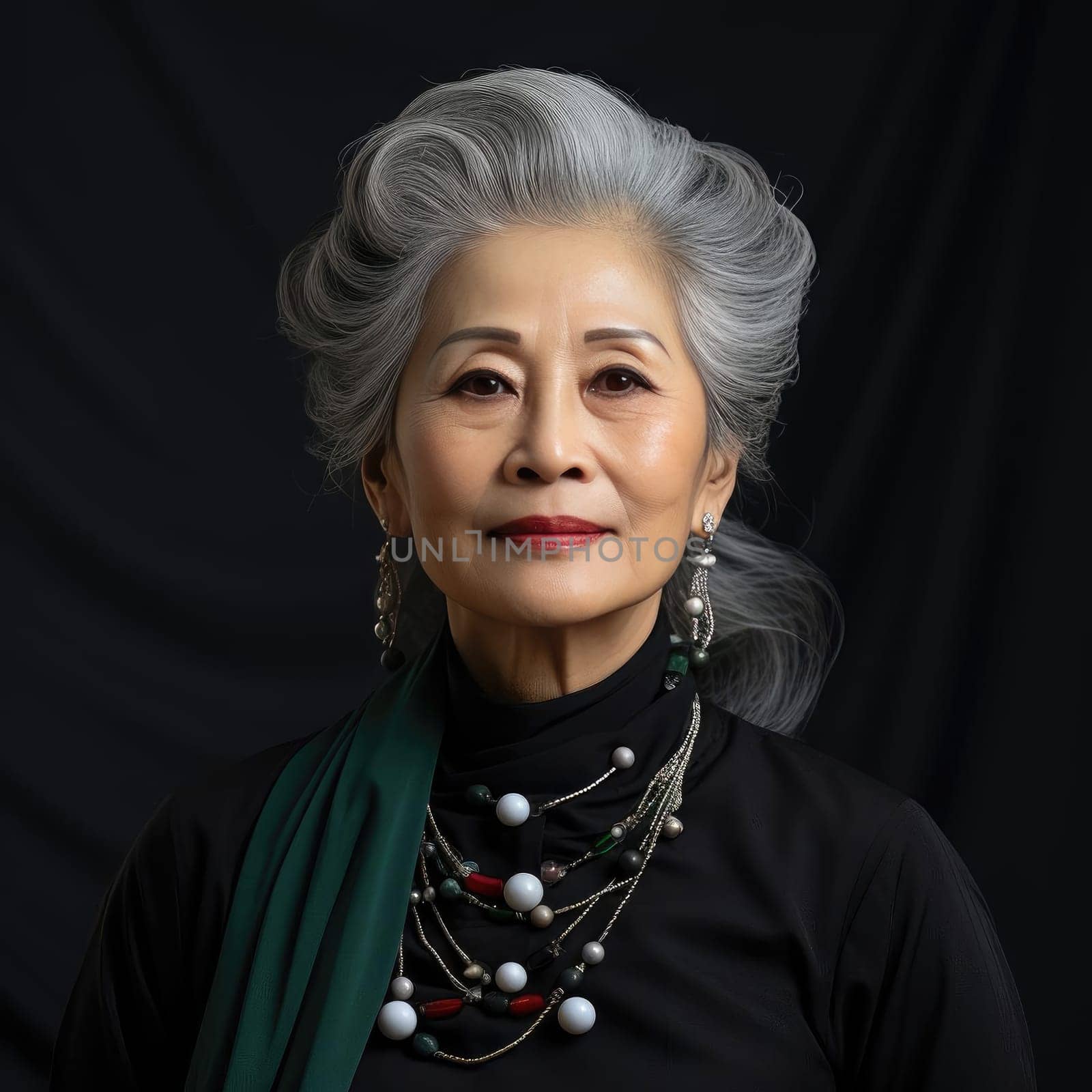 Elegant old Asian woman with gray hair in black outfits