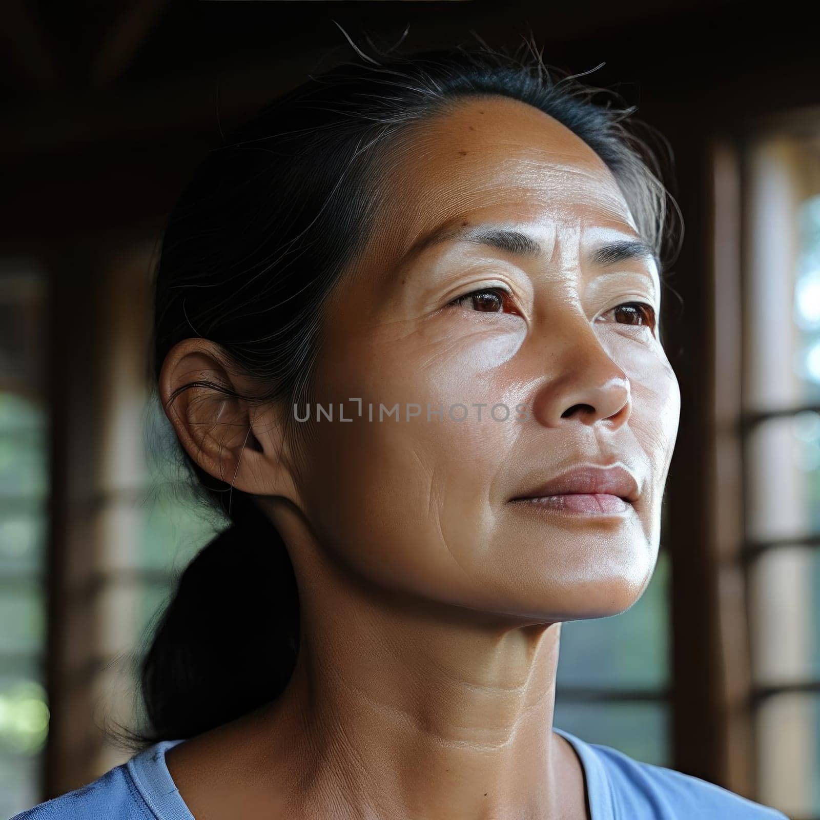 Dark-haired woman with strong emotional impact and exaggerated facial features
