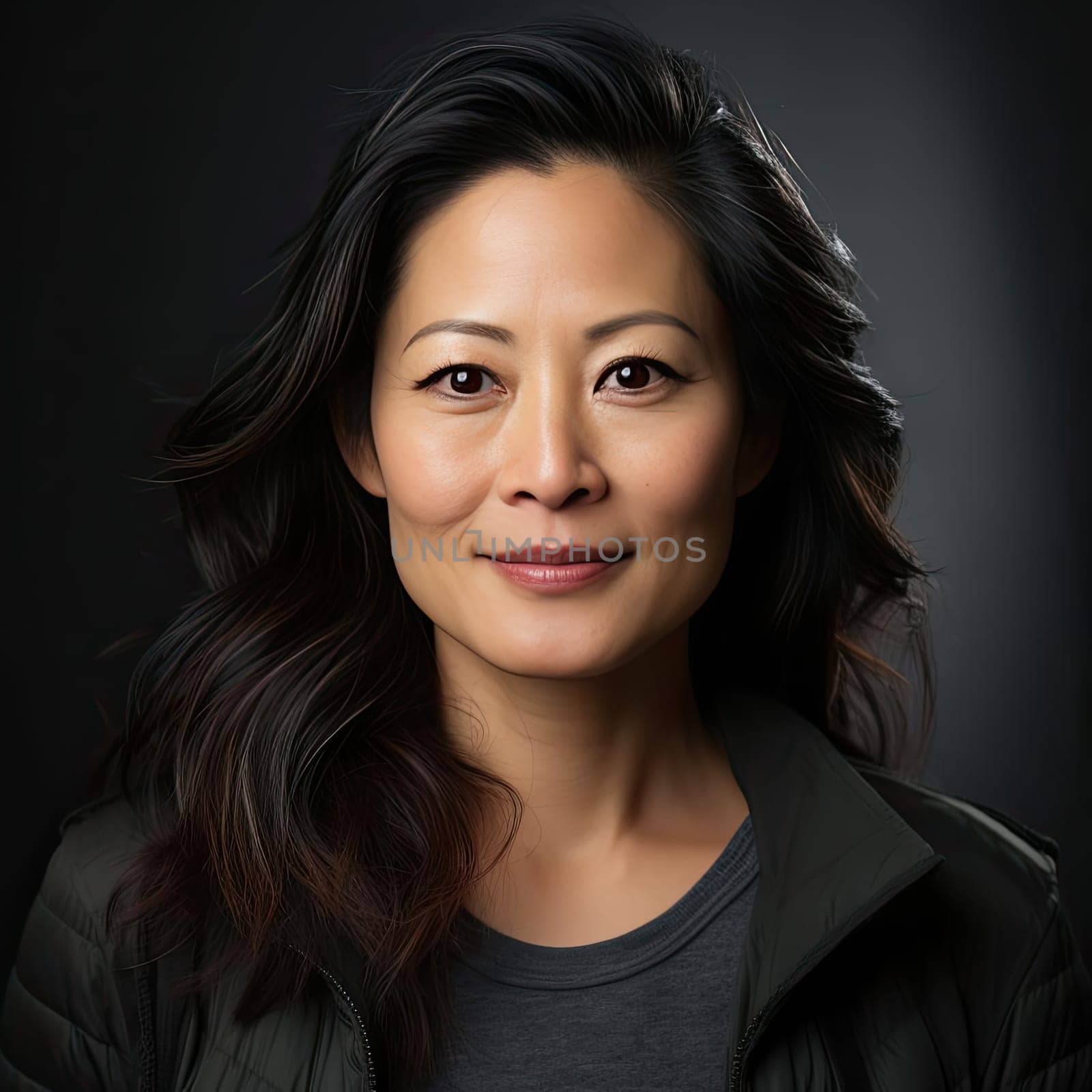 Asian woman wearing a jacket in a studio portrait