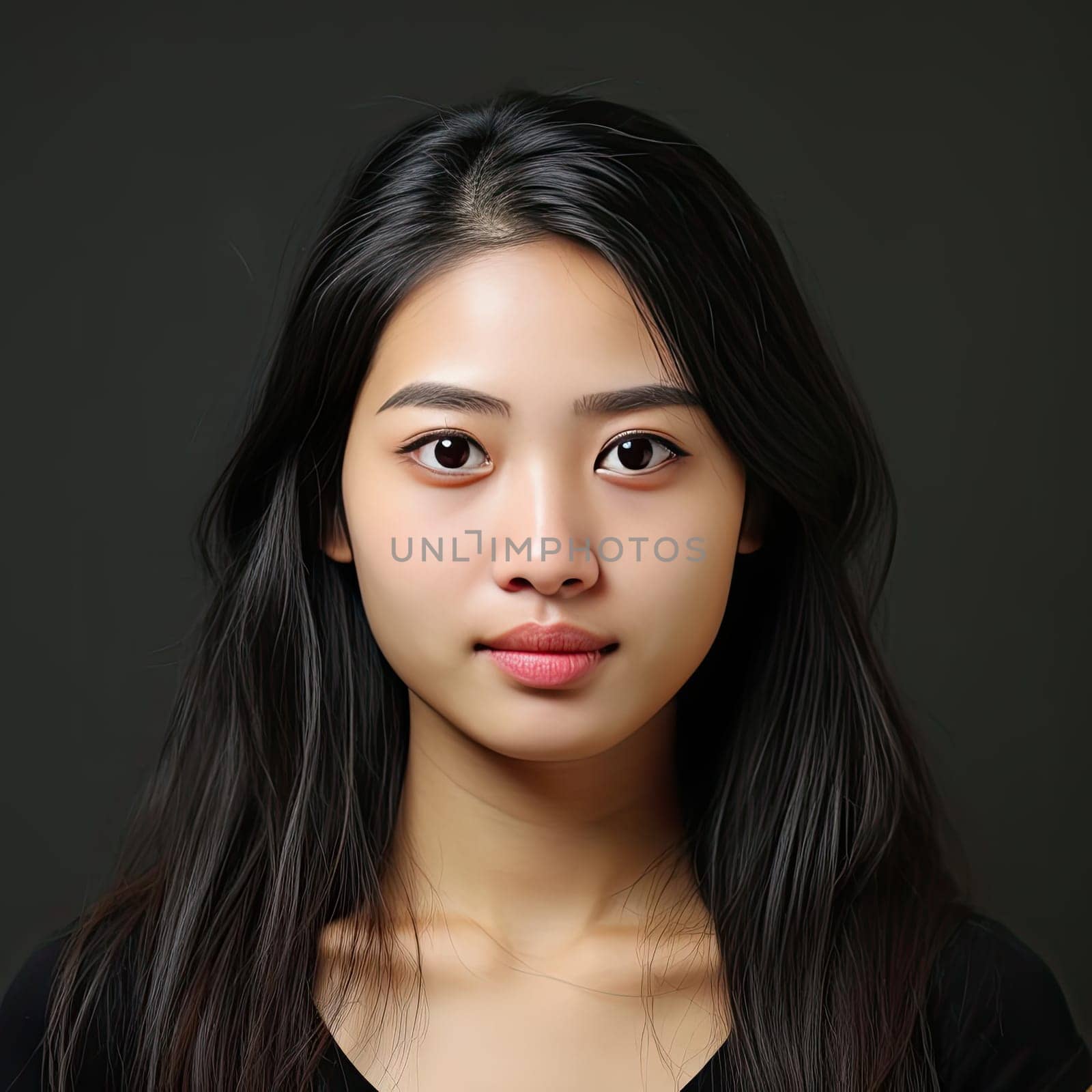 Beautiful Asian woman with dark hair posing against a dark background