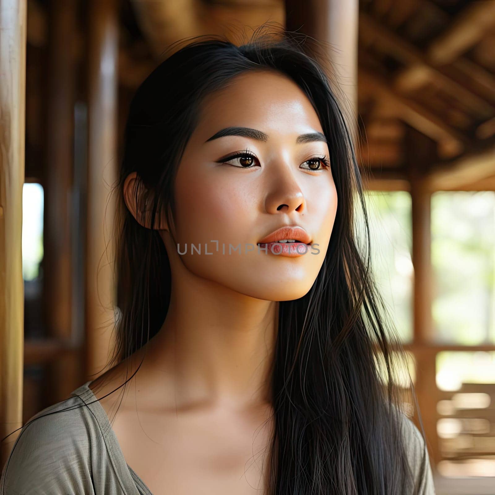 Asian woman with dark hair walking along wooden walkway