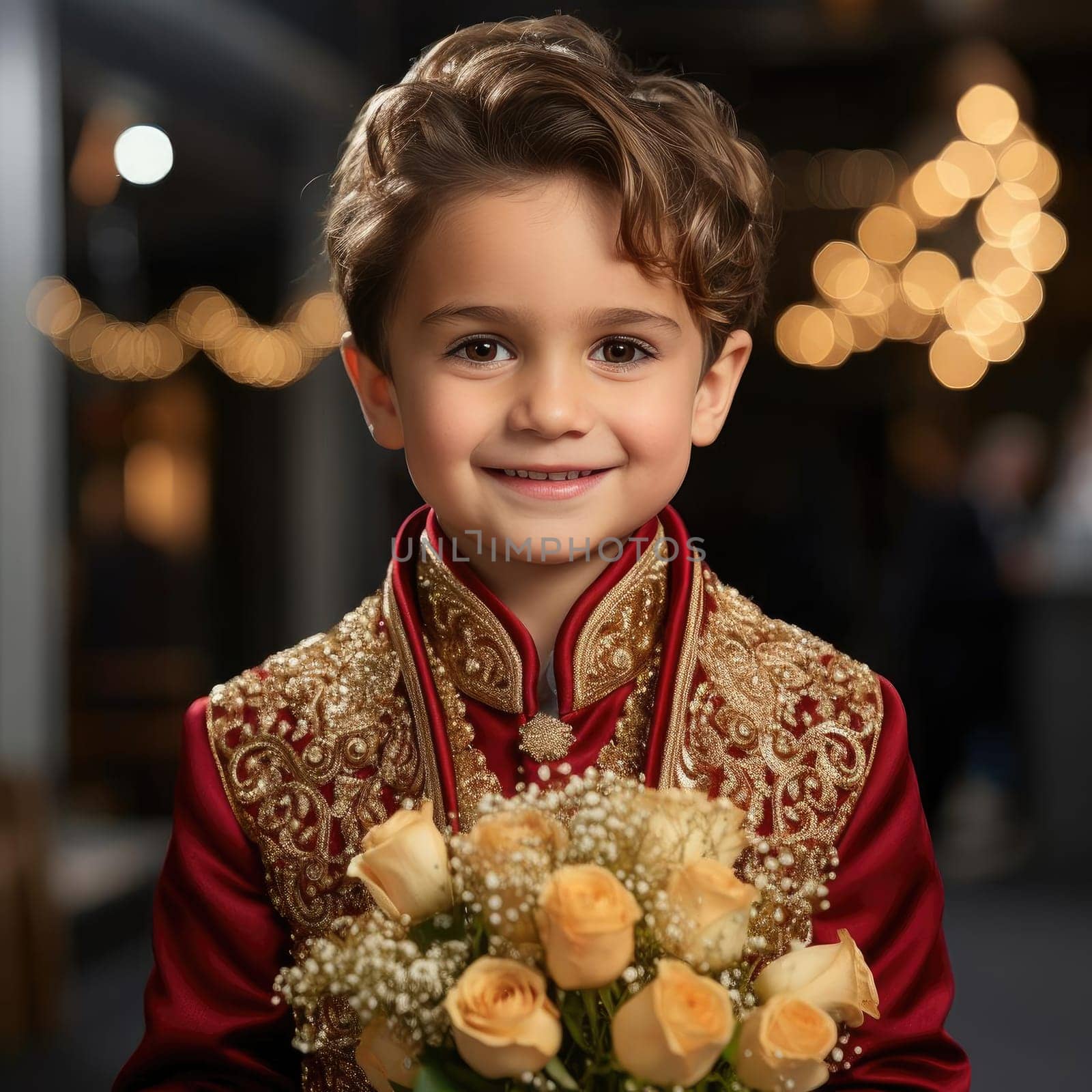 Young boy in suit holds a bouquet of flowers