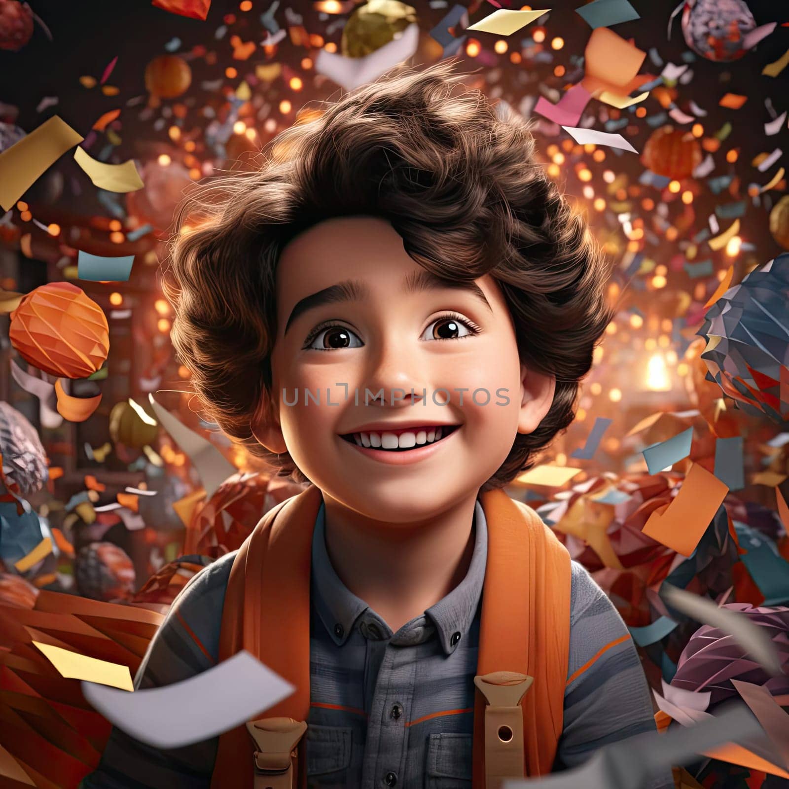 Happy boy in movie poster with confetti