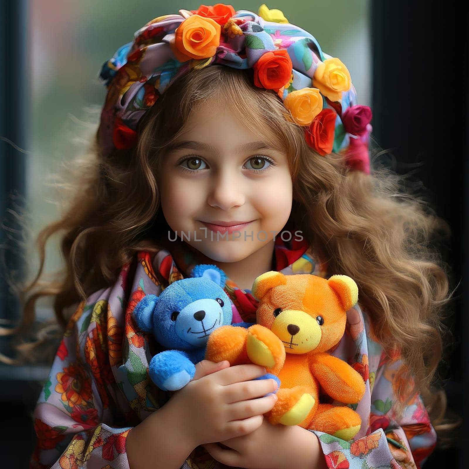 Colorful girl holding teddy bears with rich colors and flowing fabrics