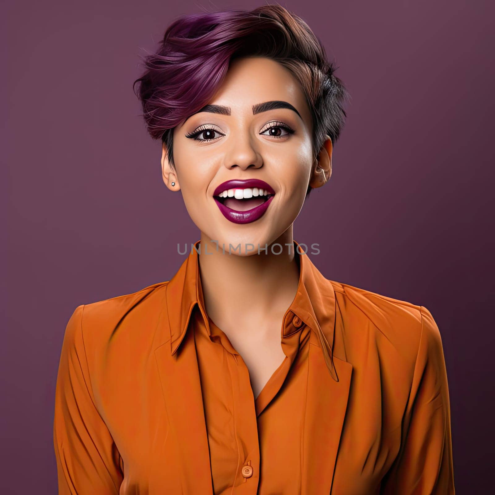 Young woman with short purple hair smiling in bold color combinations style