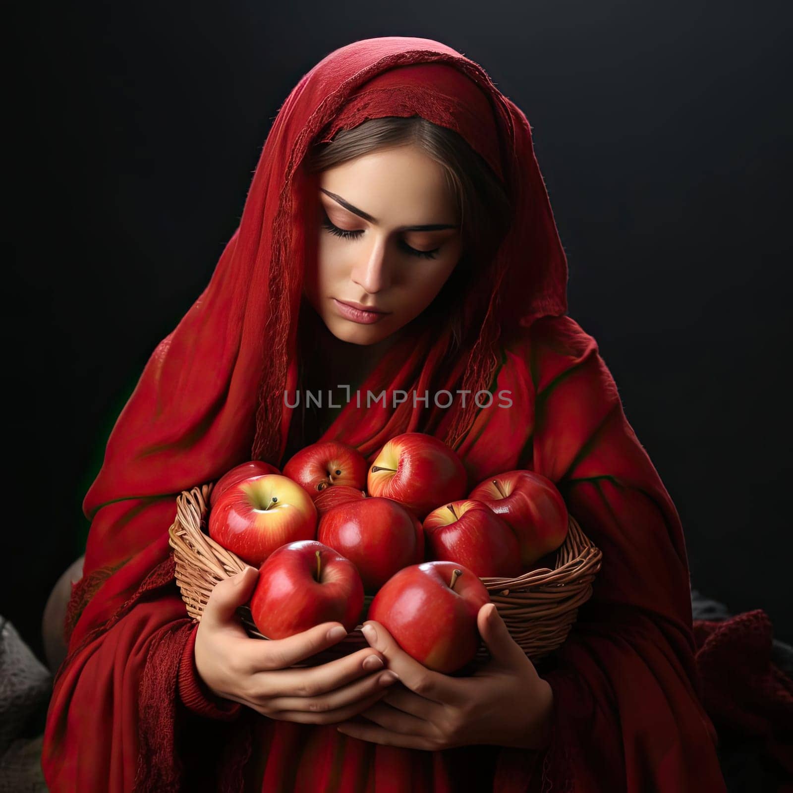 Girl with apples and red veils on a dark background in a biblical drama style