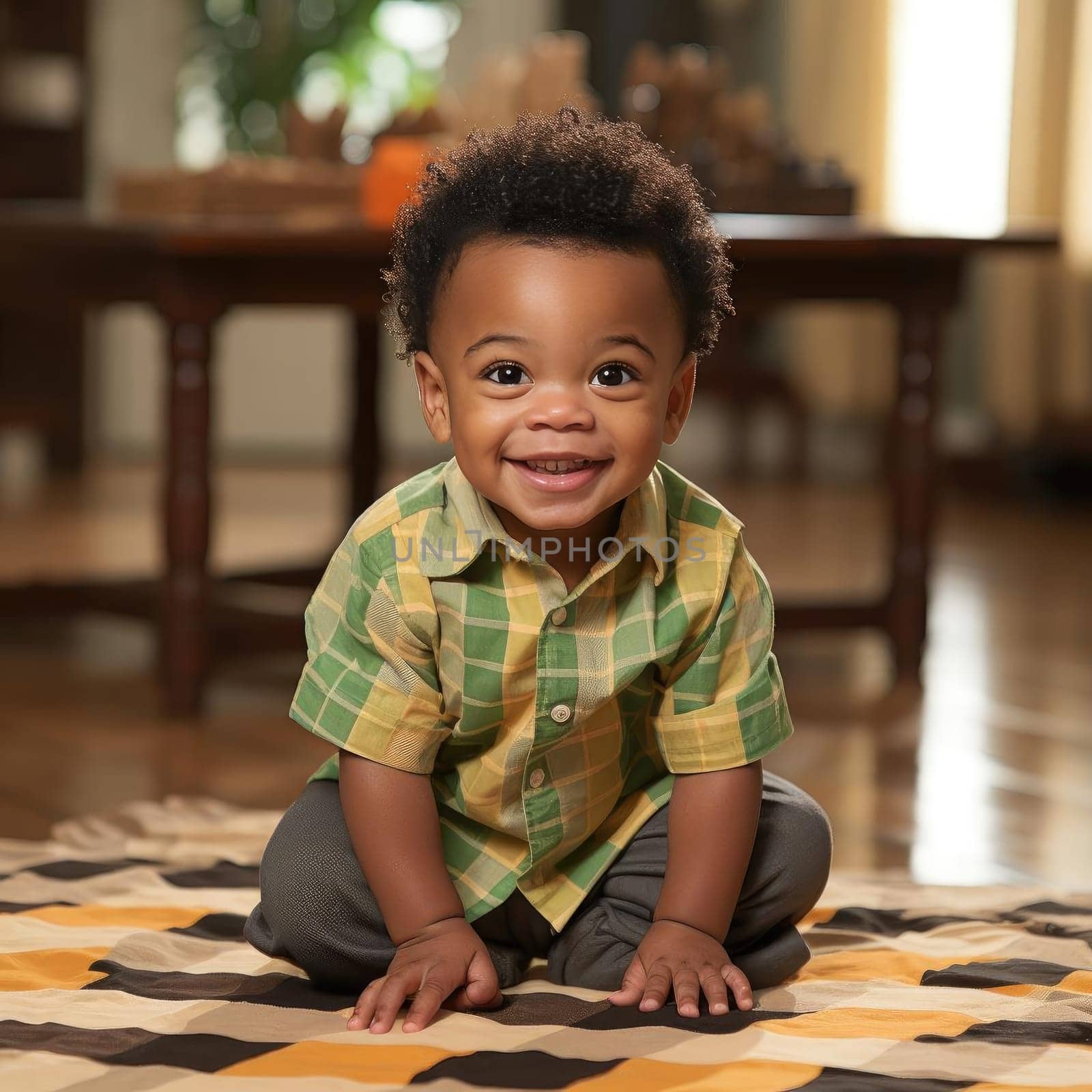 Baby boy sitting on a patterned rug
