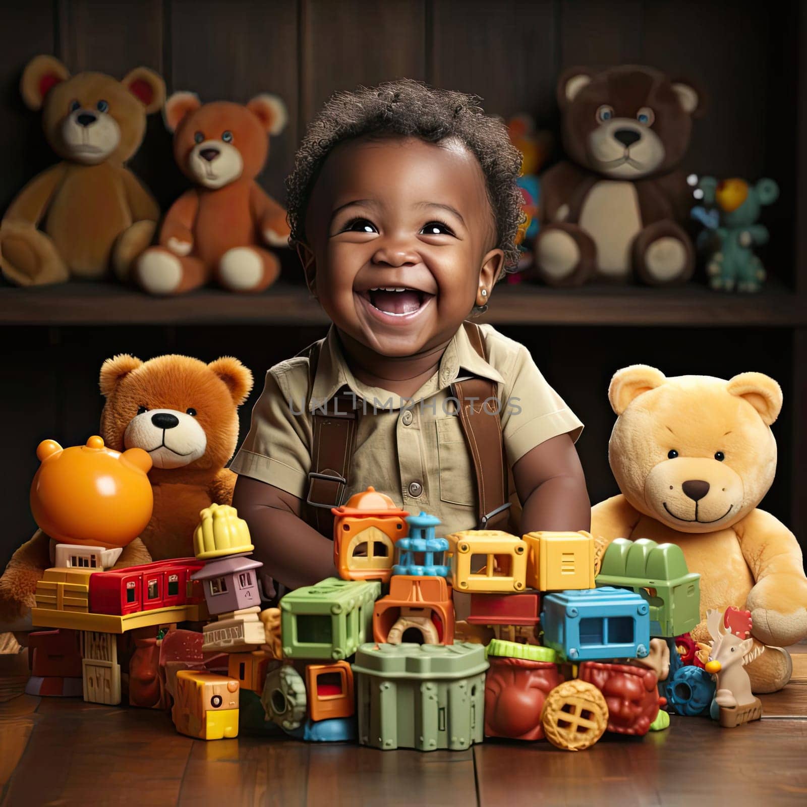 Child standing next to a group of toys